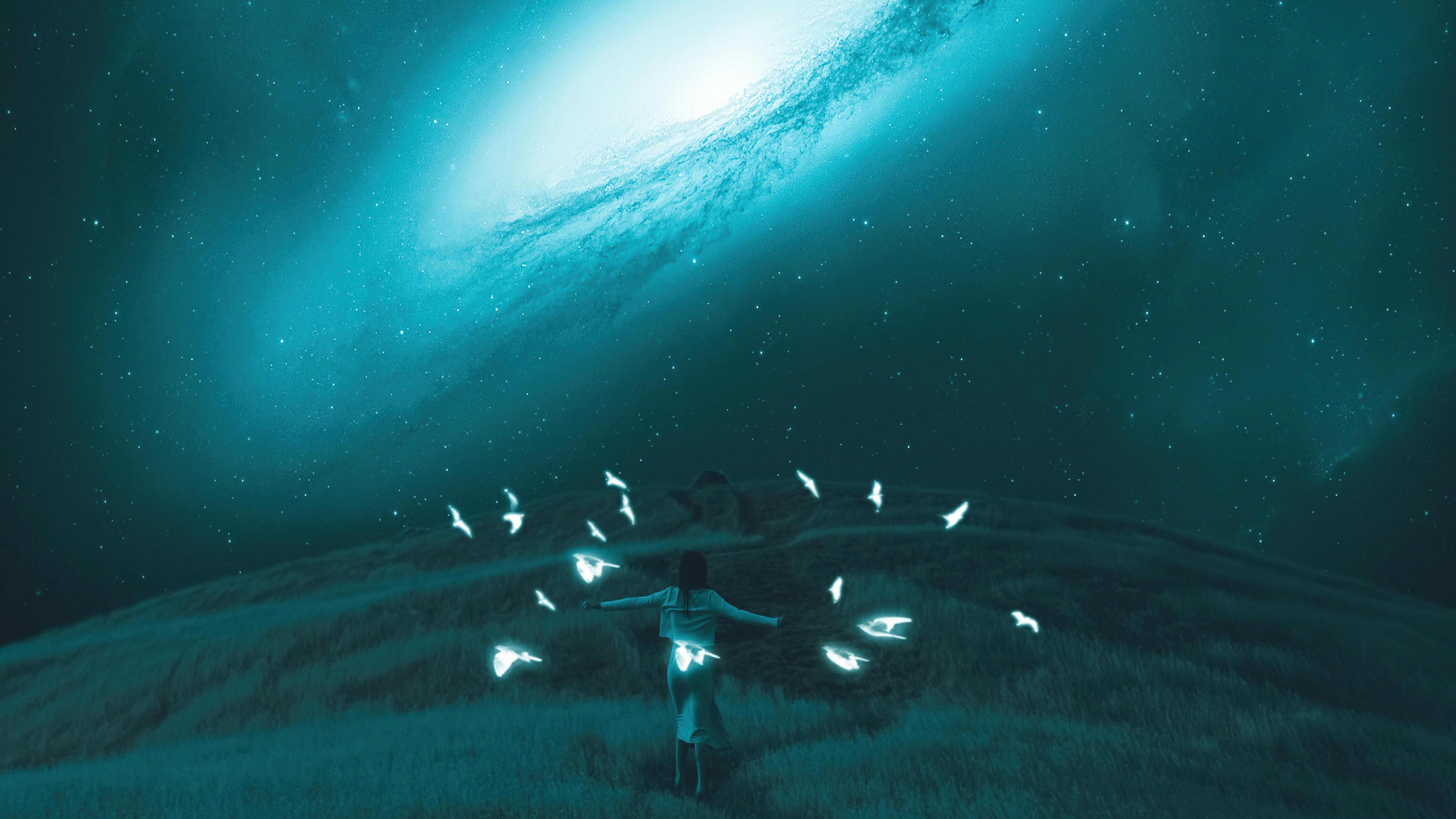 Digital art of a person with glowing birds under a galaxy HD Wallpaper