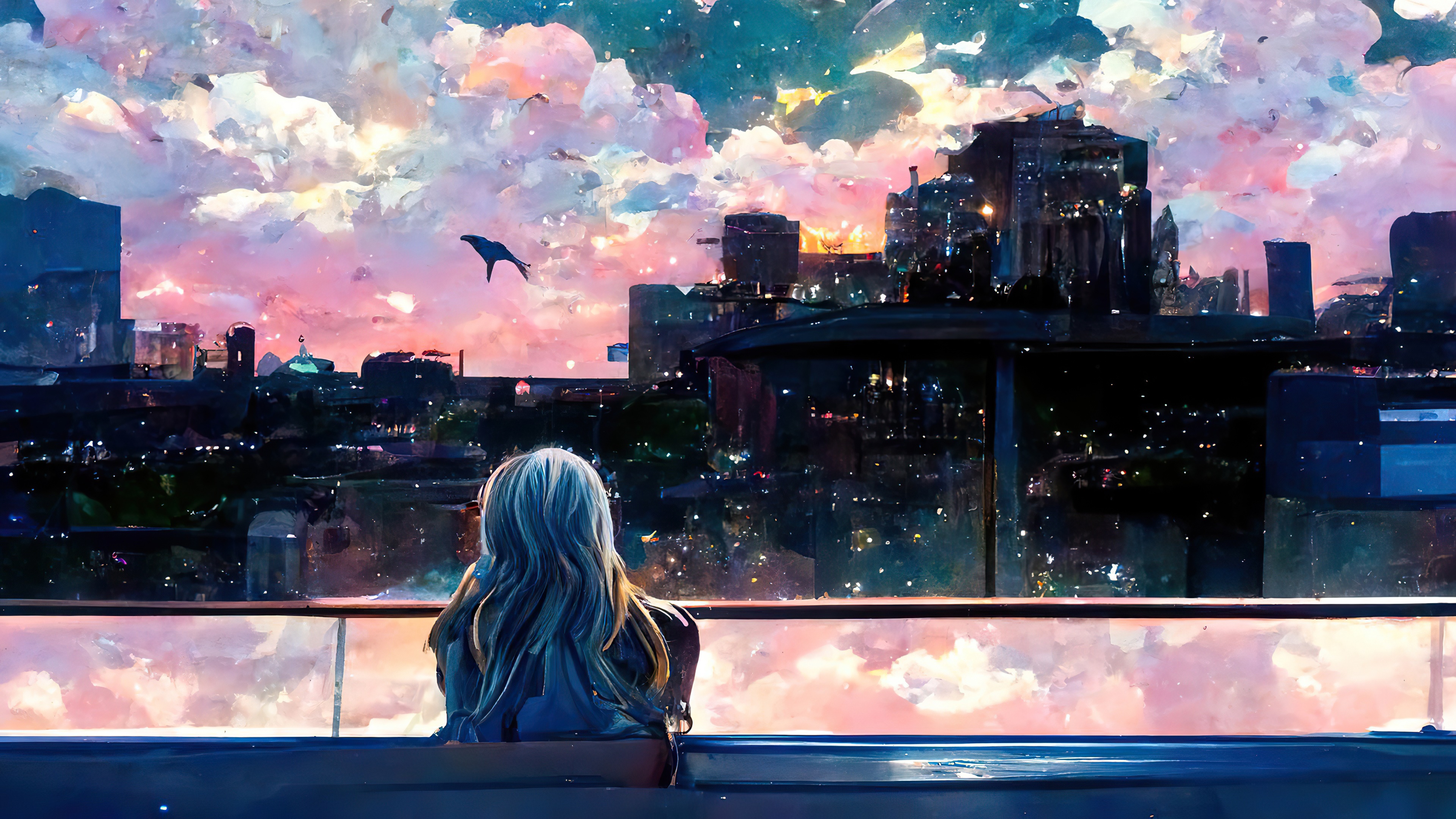 Girl looking at city skyline at sunset HD Wallpaper