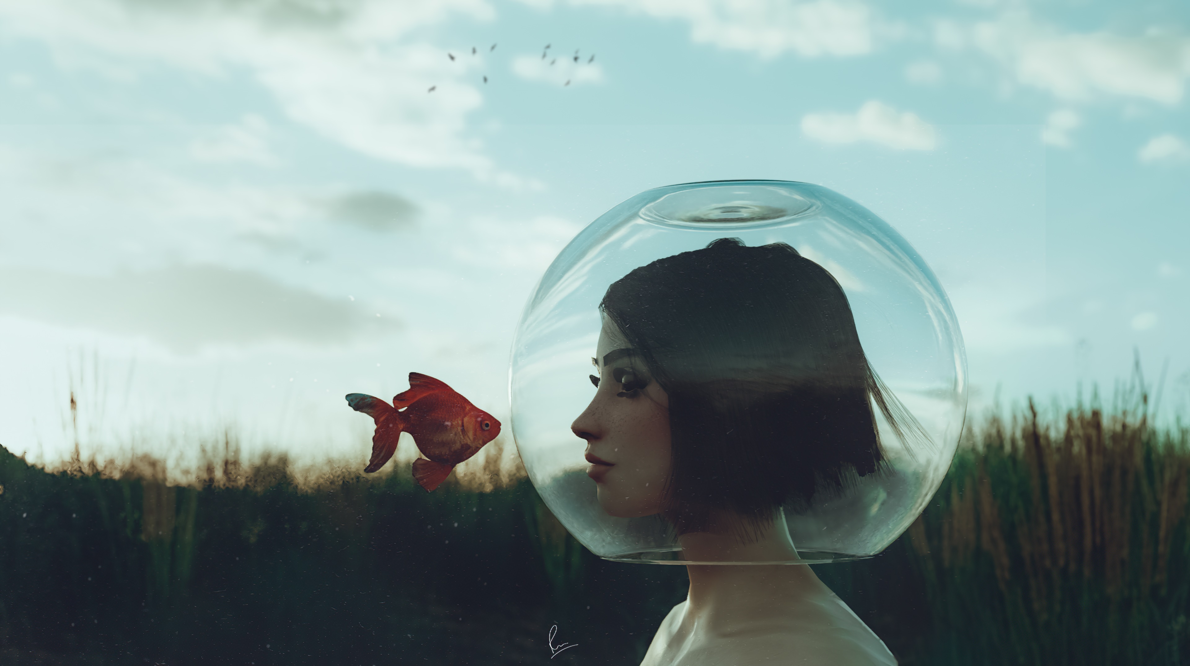 Digital art of a woman in a fishbowl helmet with a goldfish HD Wallpaper