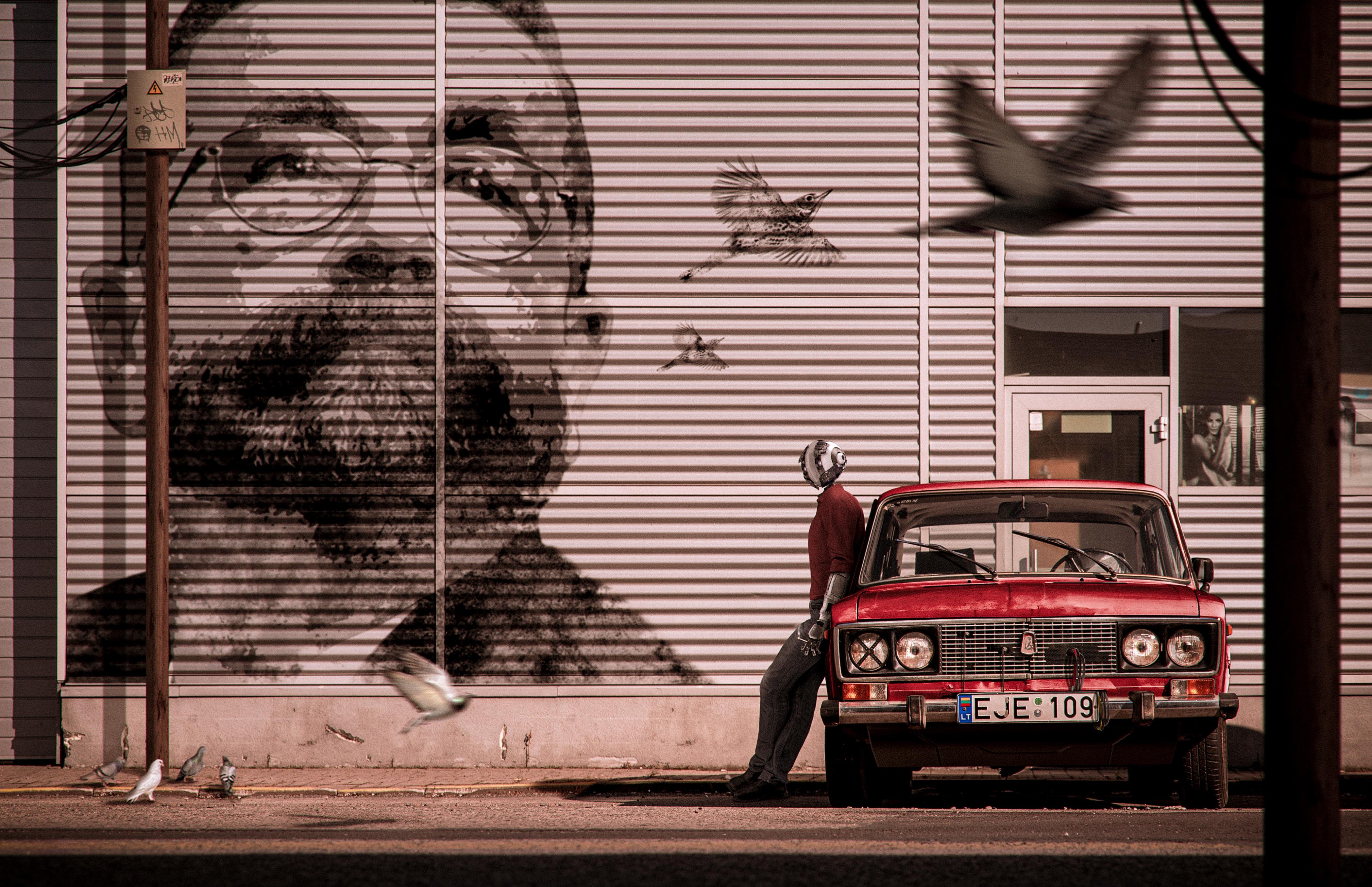Artwork of a man and a red car with birds HD Wallpaper