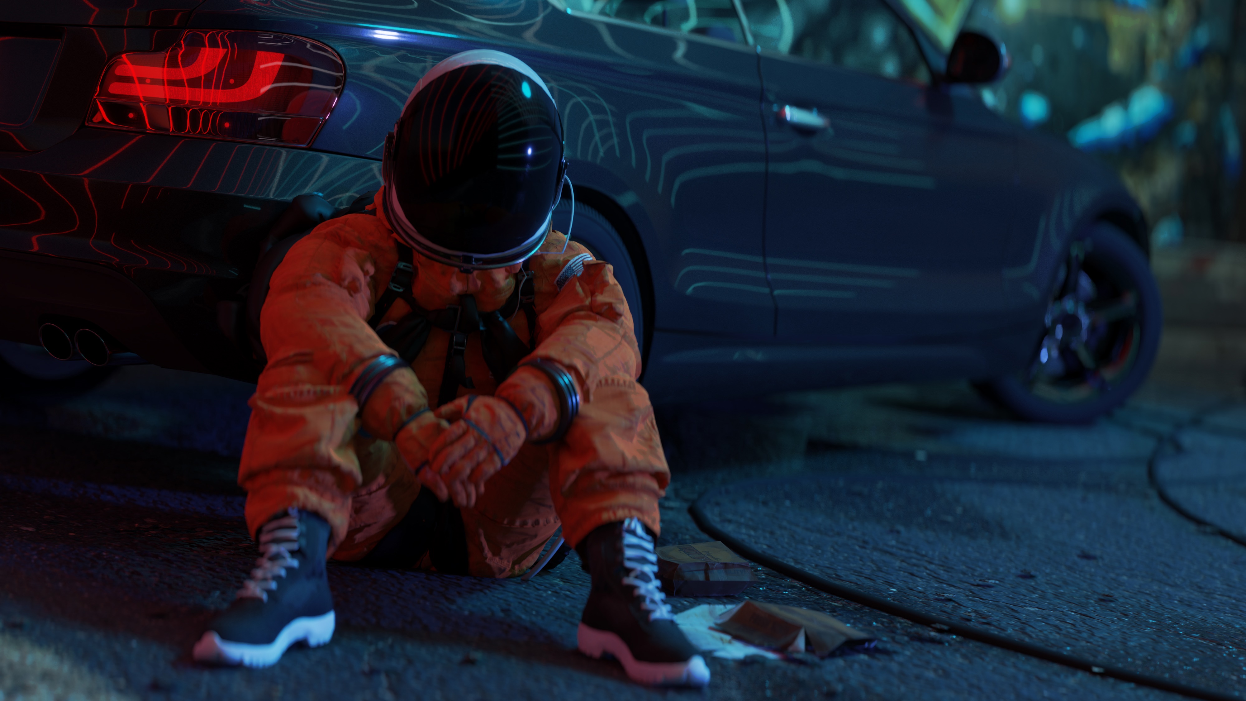 Astronaut sitting next to a car HD Wallpaper