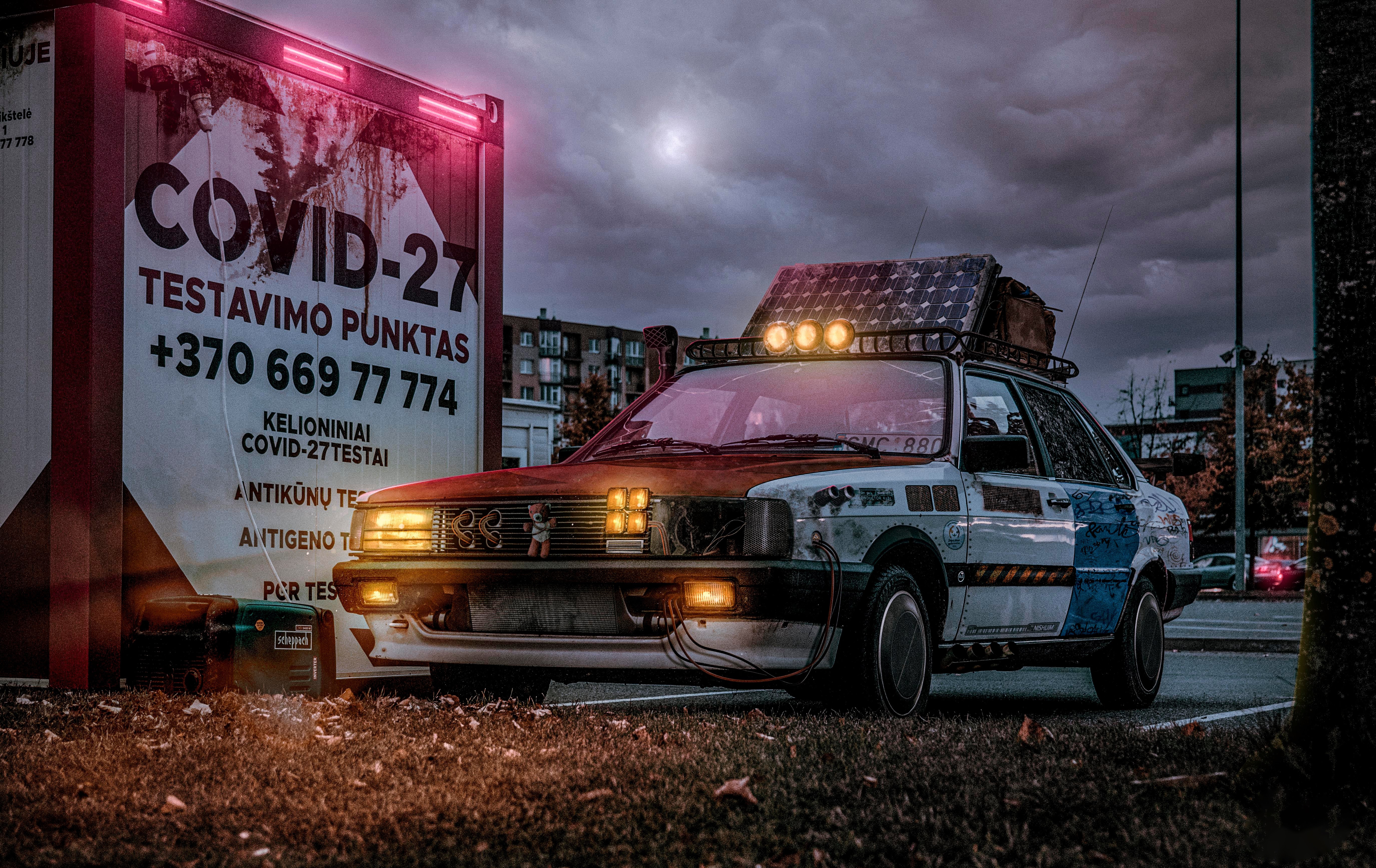 Cyberpunk COVID-27 testing station with modified car HD Wallpaper