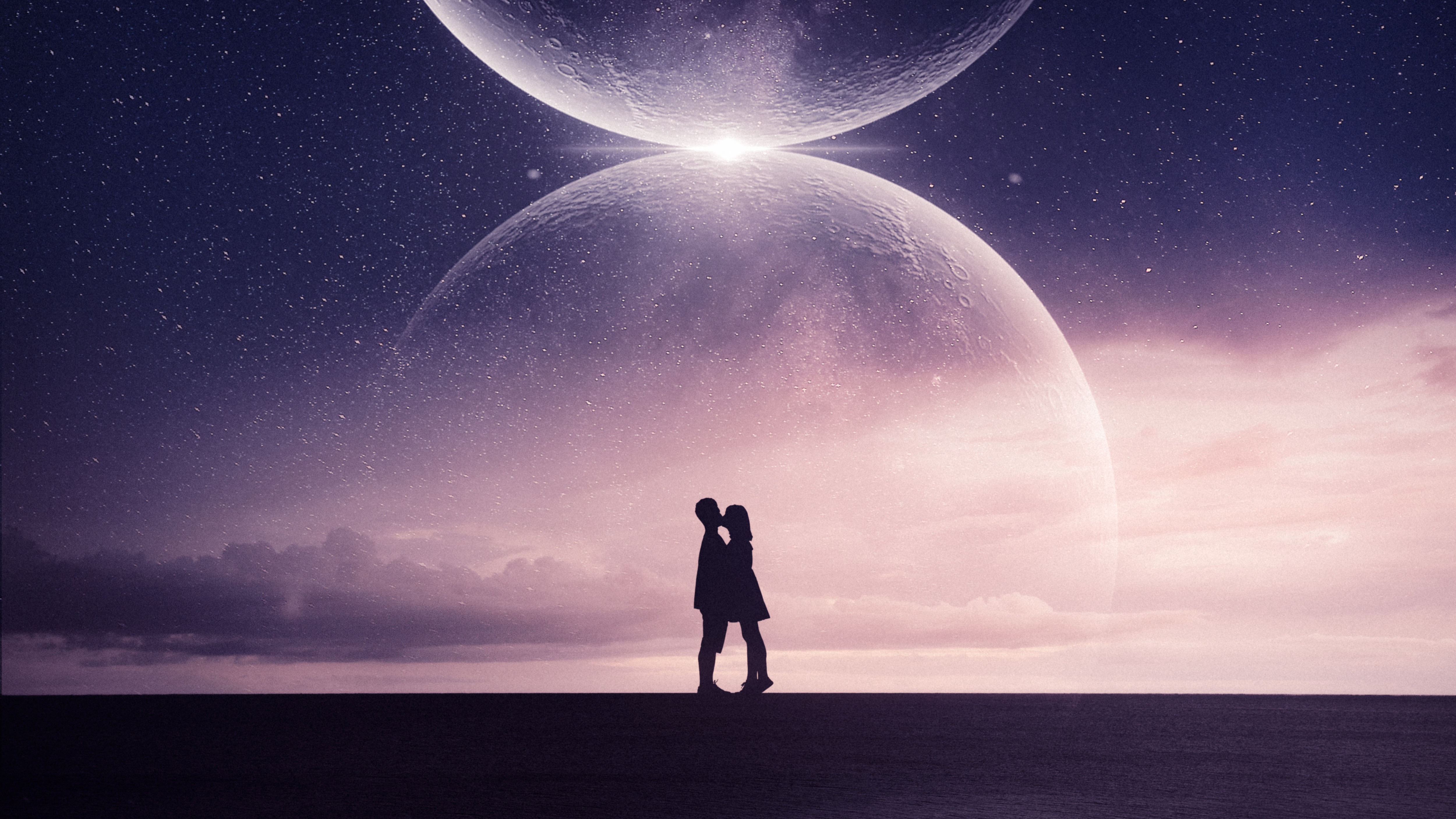 Couple kissing under two large moons in space HD Wallpaper