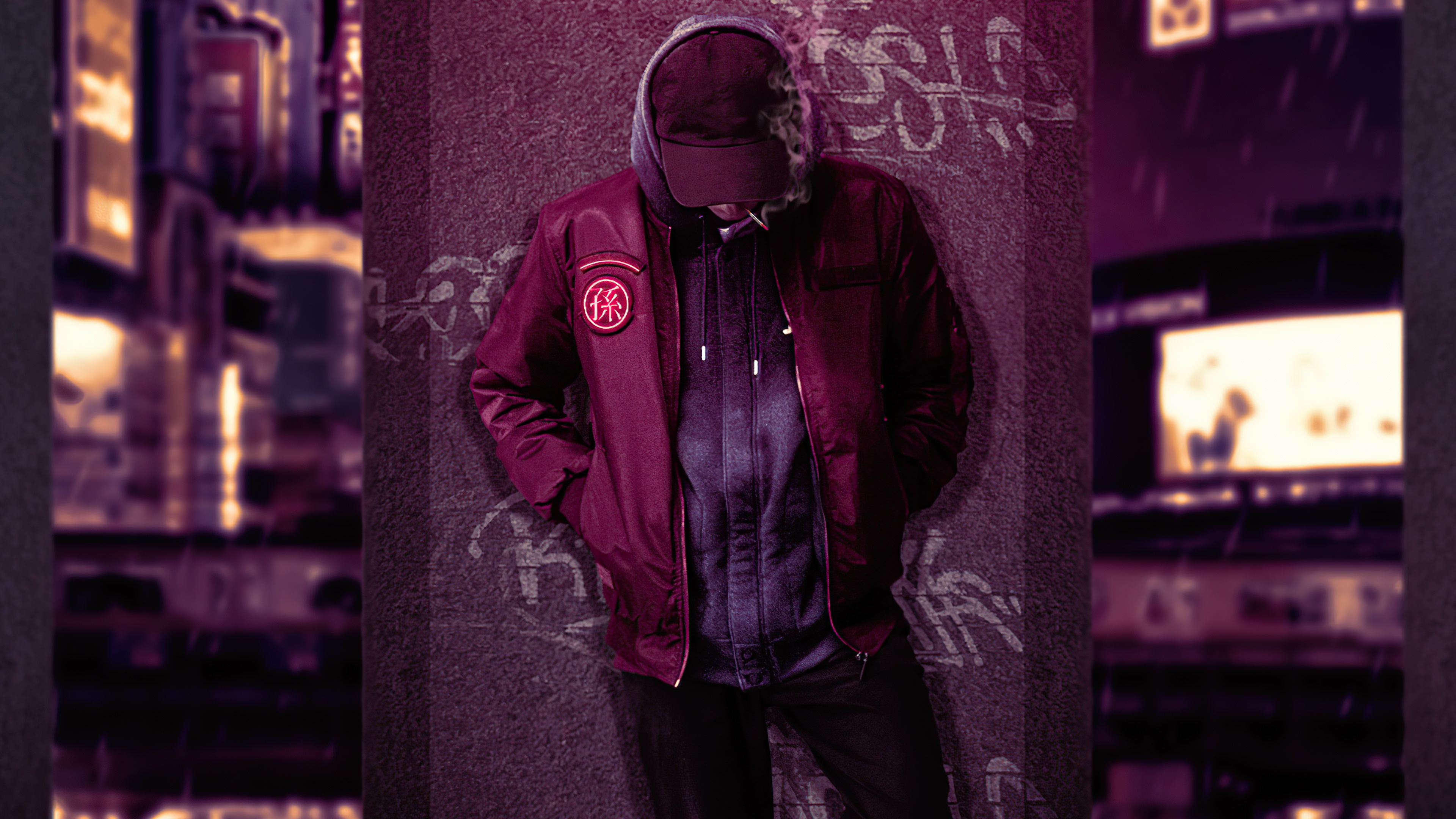 Man in hoodie and bomber jacket with patch HD Wallpaper