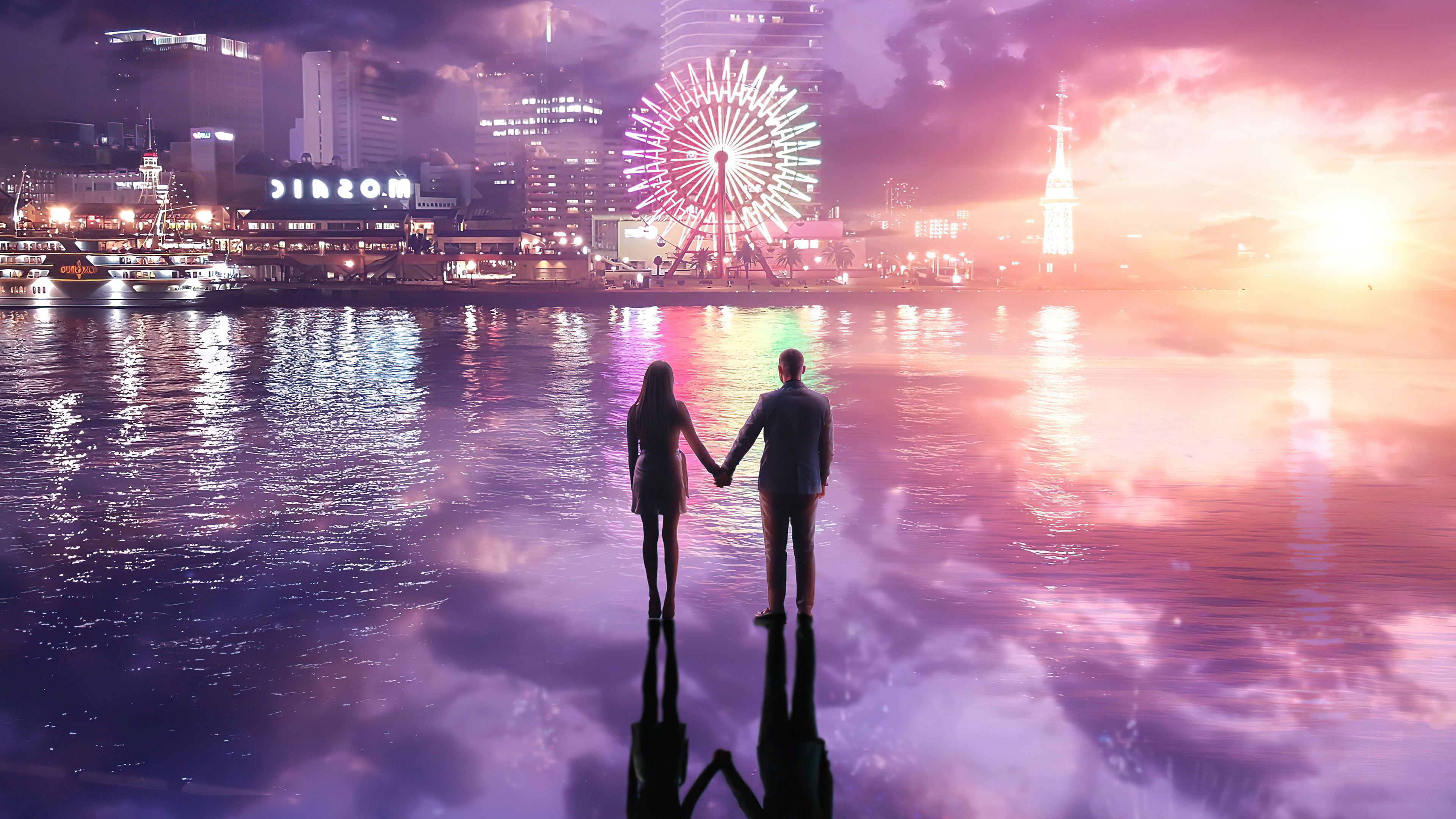 Couple holding hands by waterfront with Ferris wheel HD Wallpaper