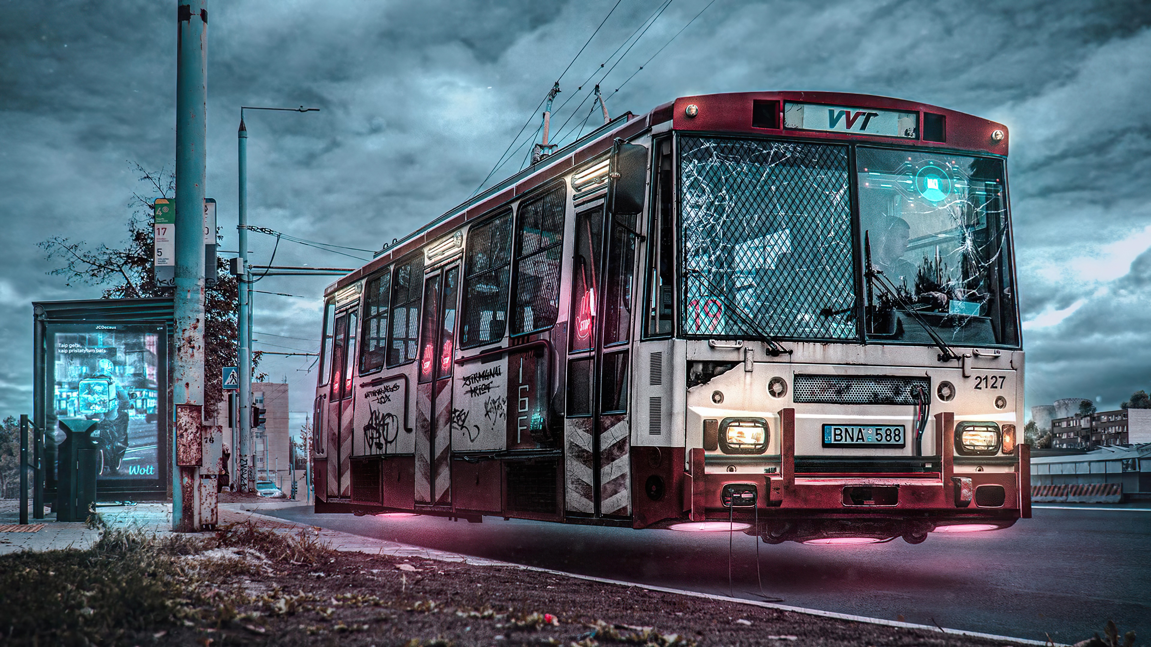 Cyberpunk bus artwork 4K HD Wallpaper