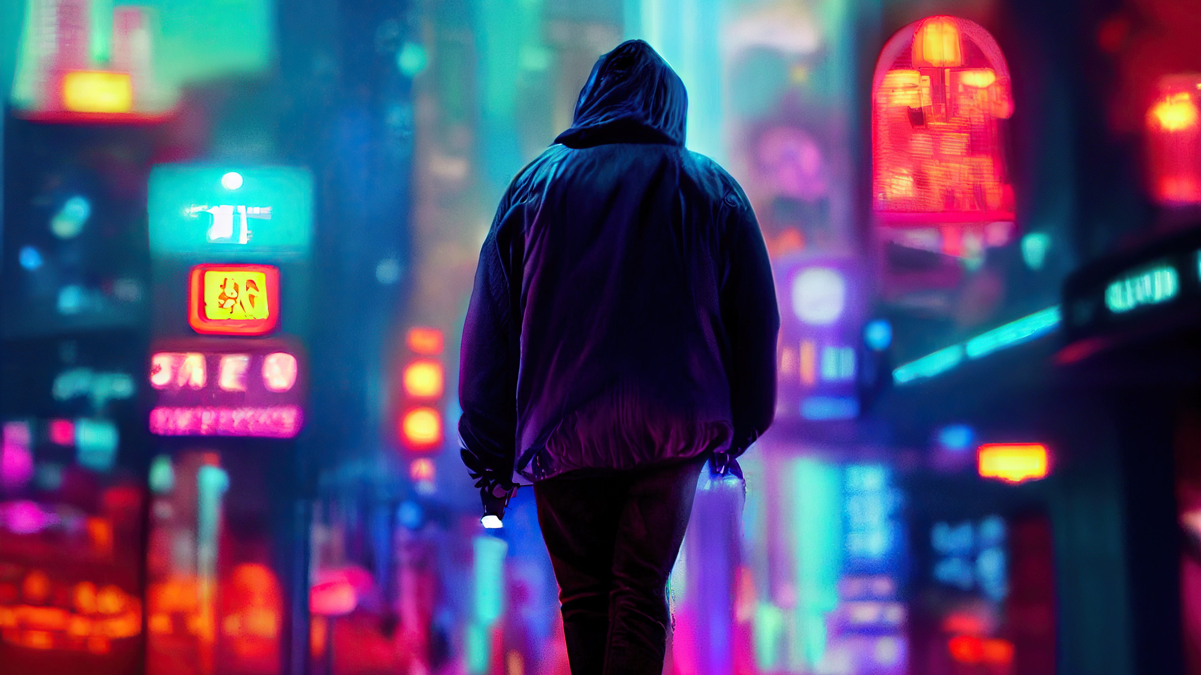 Person in hoodie walking in neon city HD Wallpaper