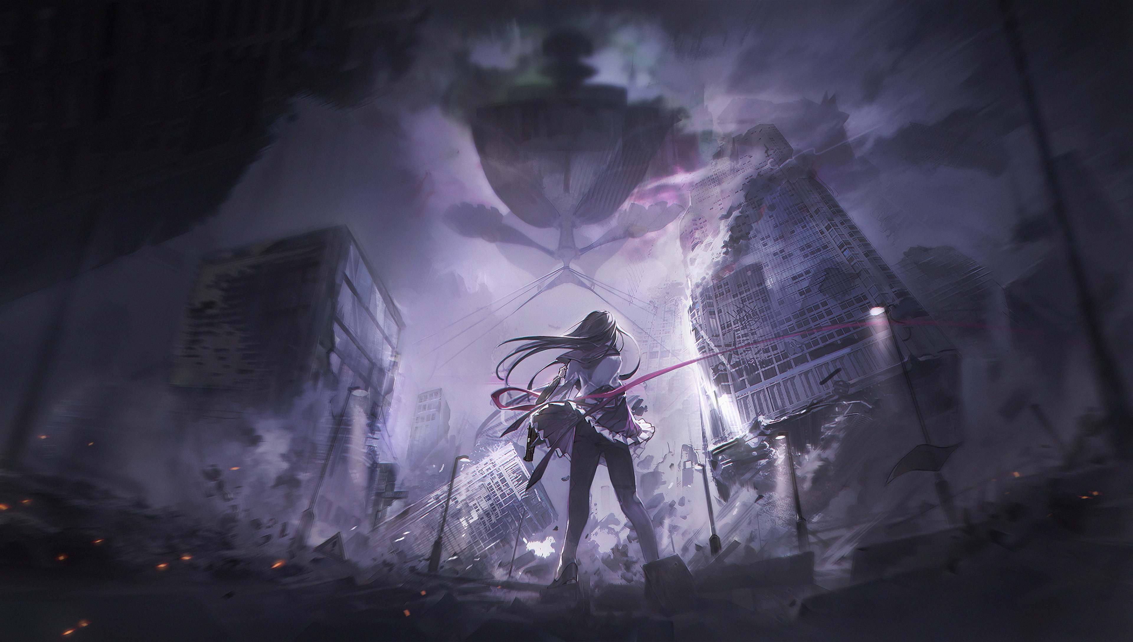 Anime girl in ruined city with giant structure in sky HD Wallpaper
