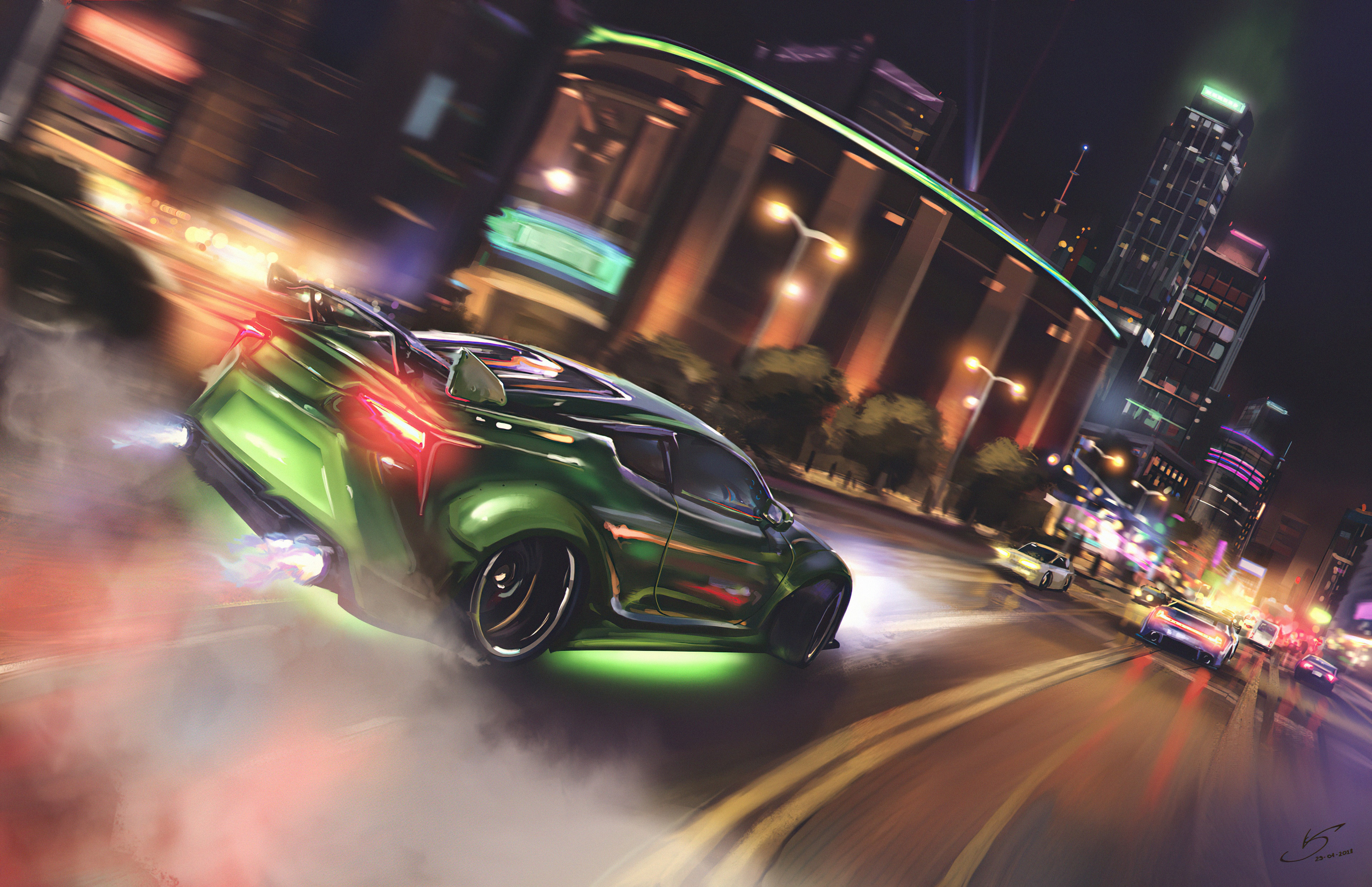 Green drifting car in a neon city at night HD Wallpaper
