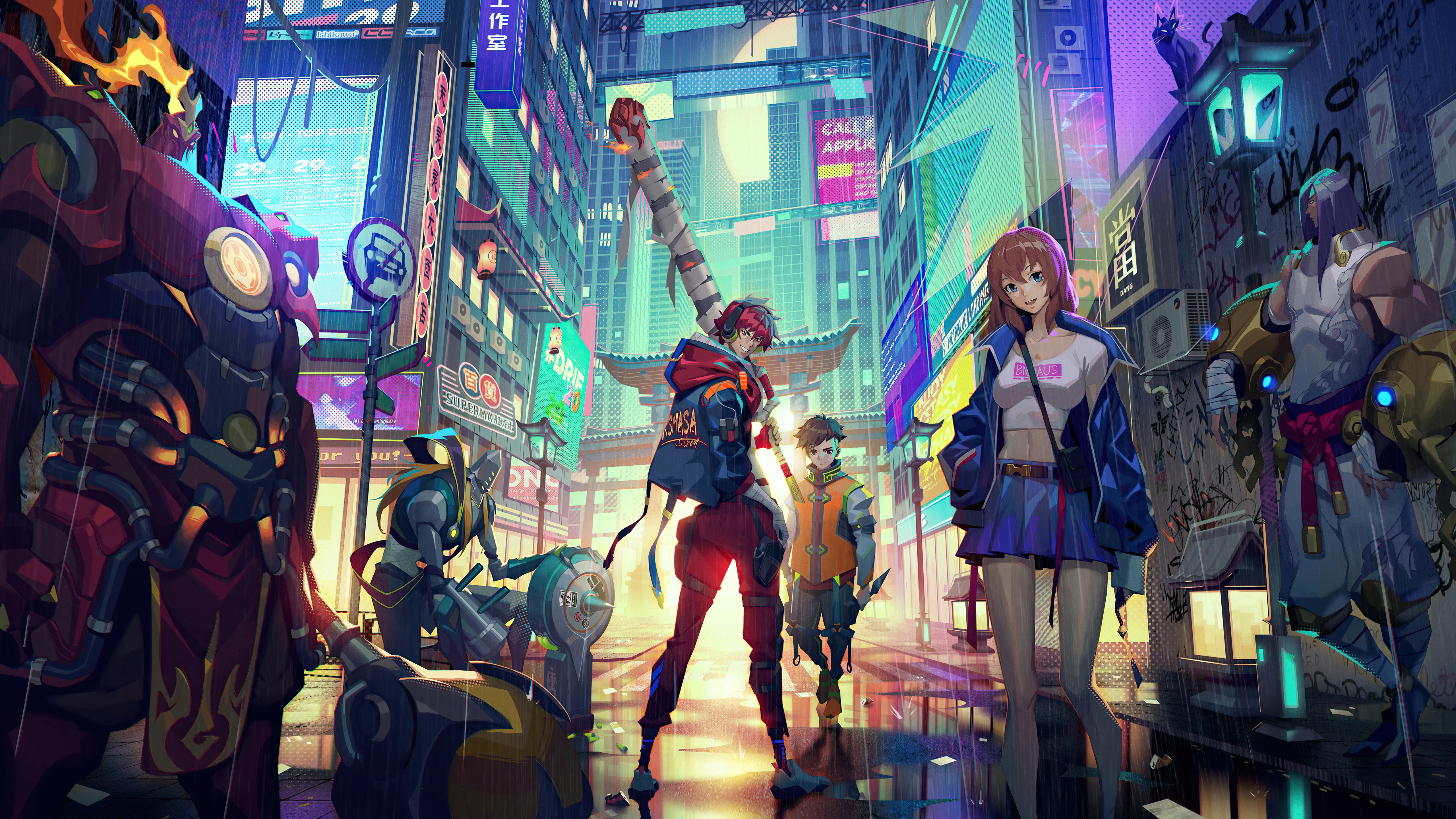 Characters in a futuristic cyberpunk city at night HD Wallpaper