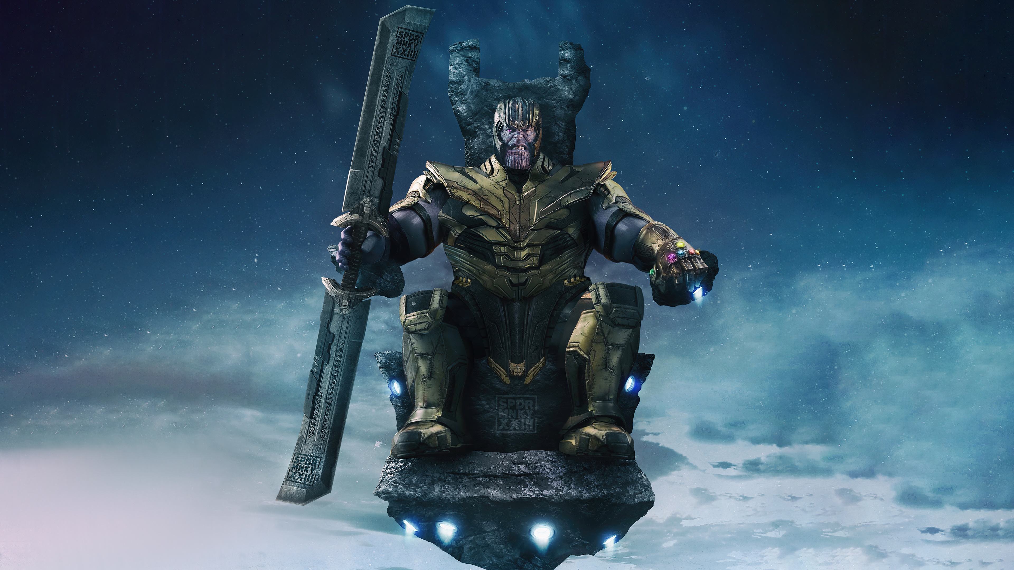 Thanos sitting on a throne with his sword and the Infinity Gauntlet HD Wallpaper
