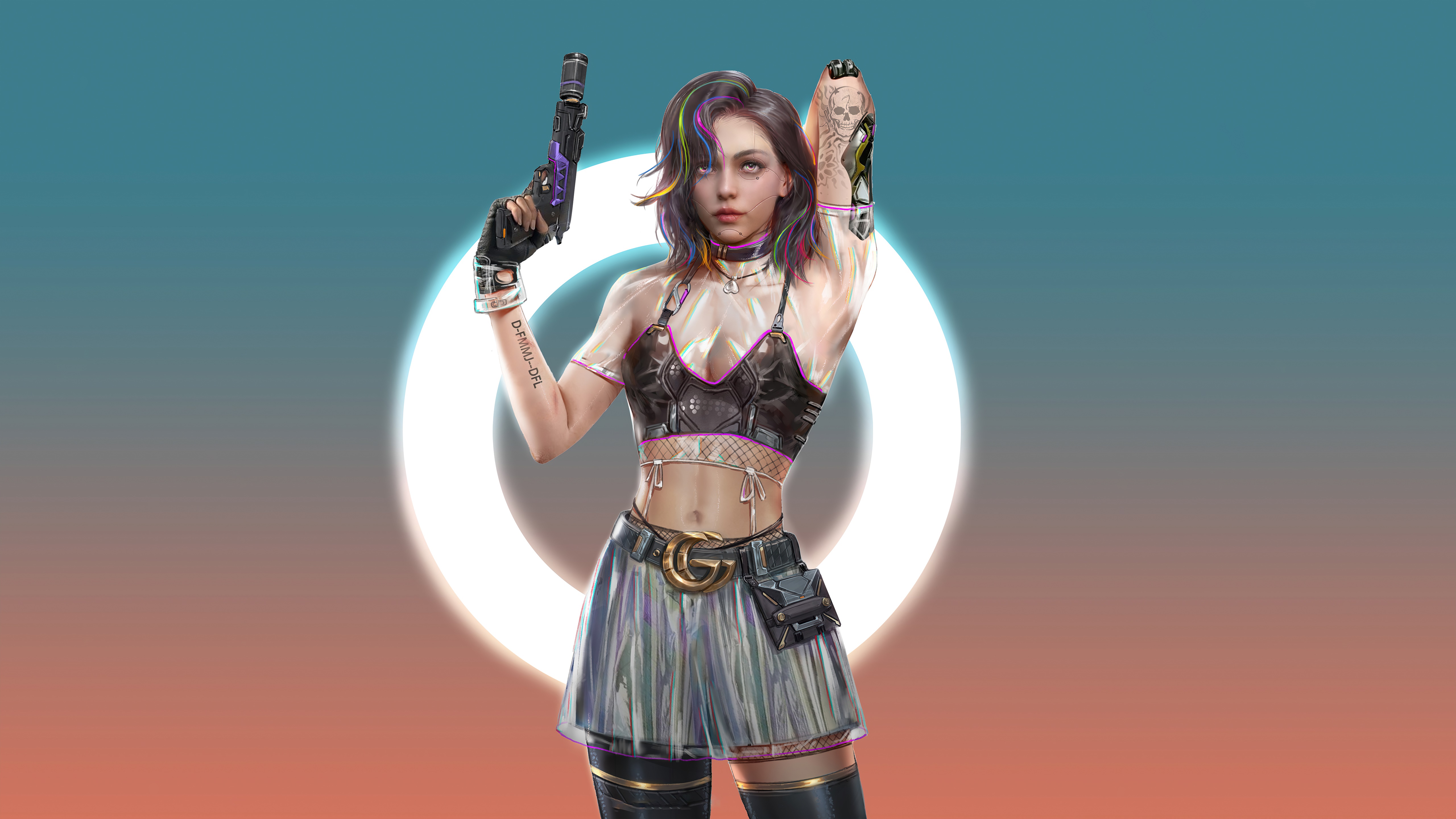 Cyberpunk woman with gun and skull tattoo HD Wallpaper