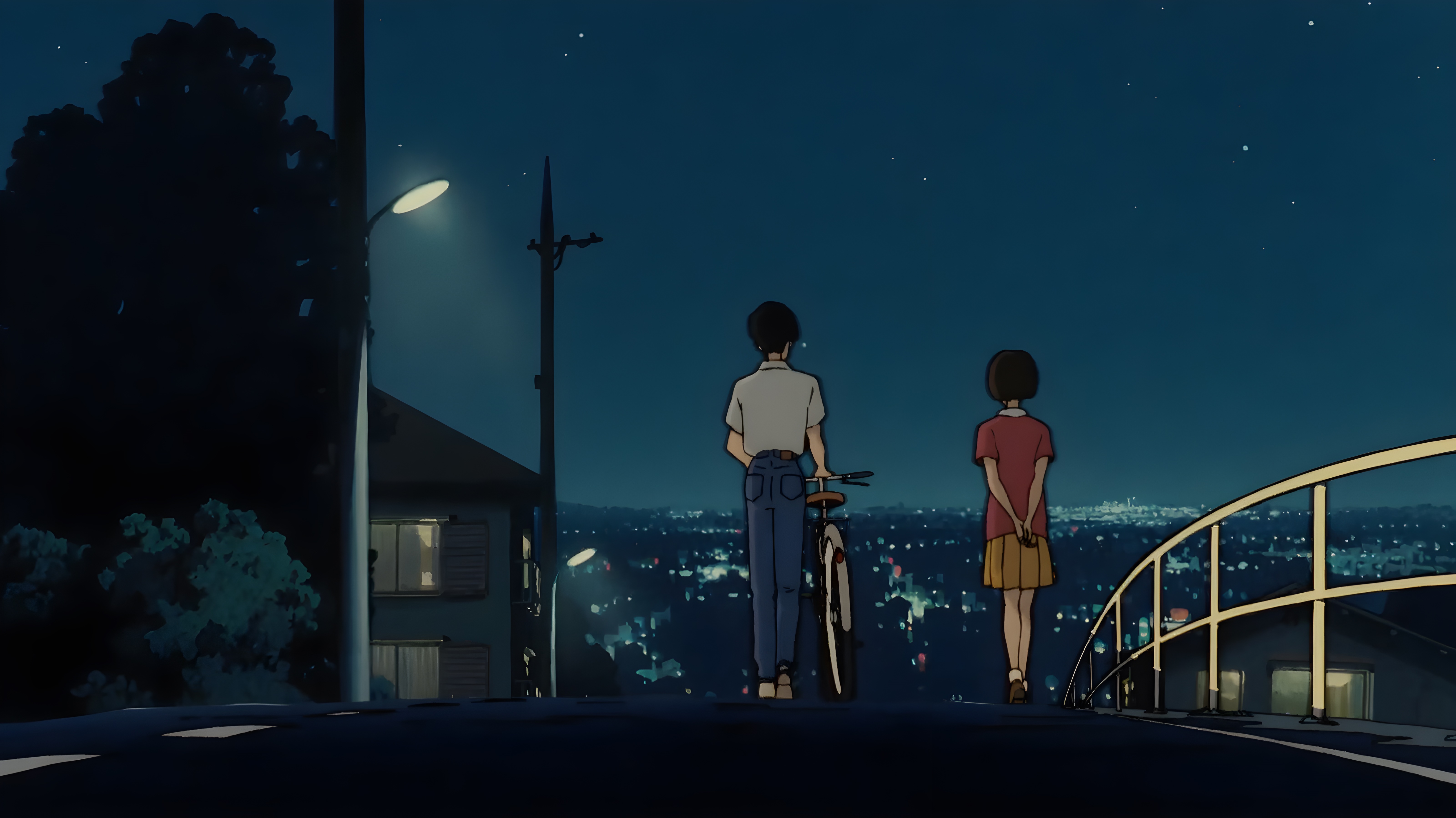 Anime couple looking at city lights at night HD Wallpaper