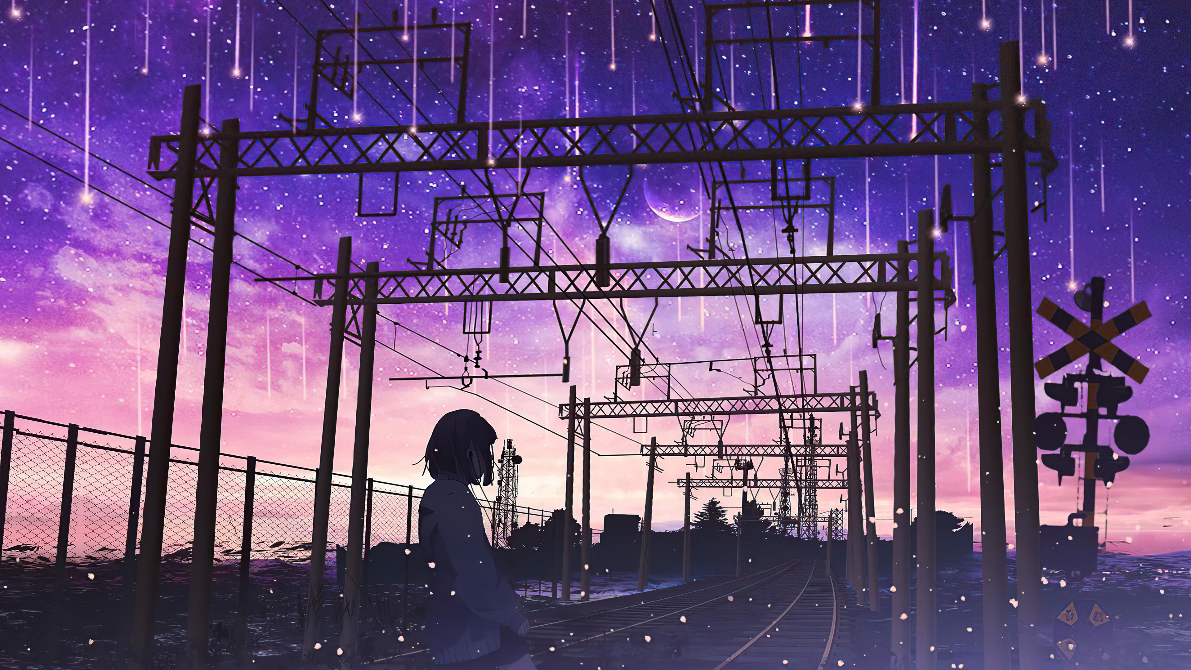Anime girl on train tracks under starry sky HD Wallpaper