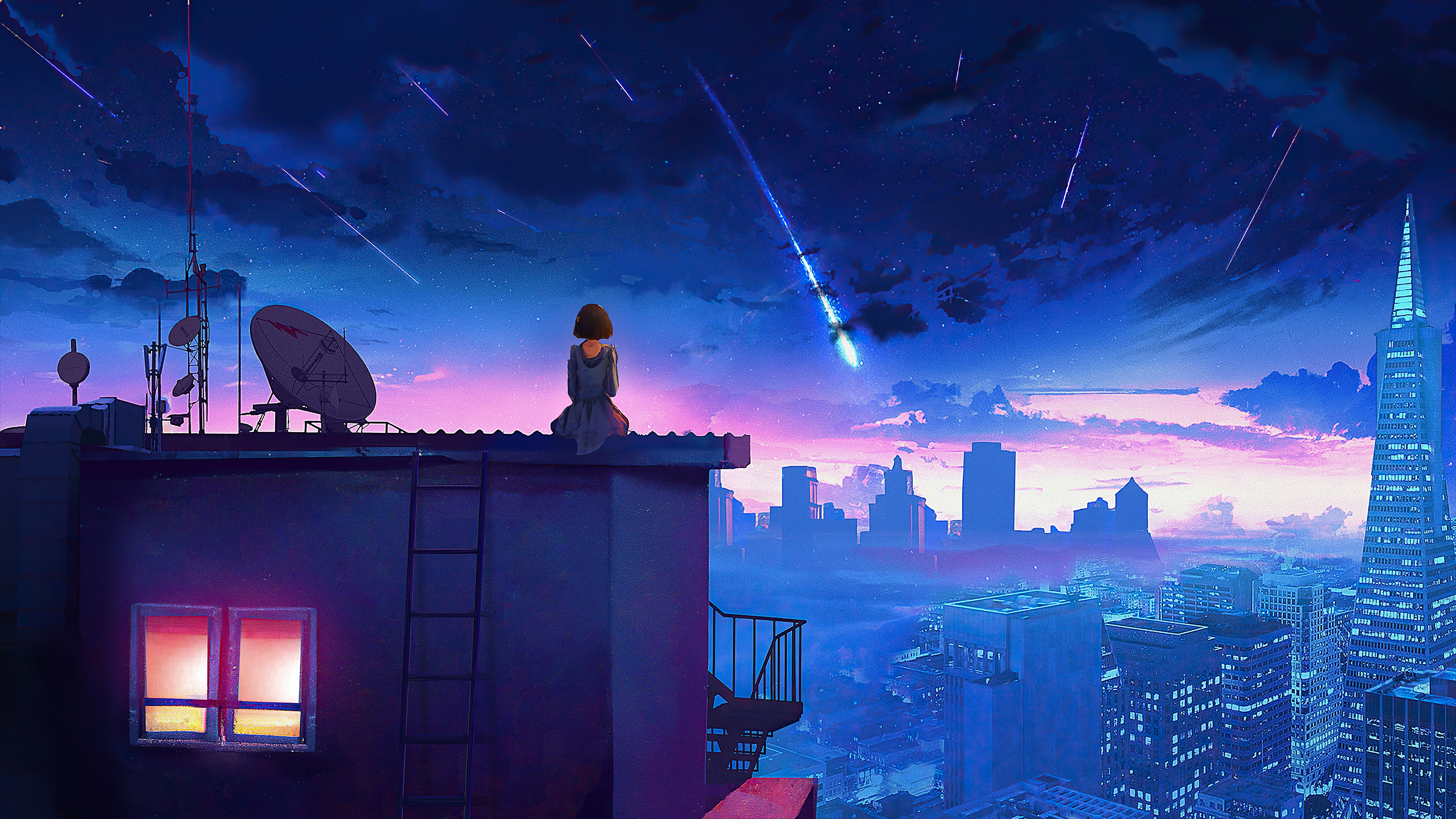 Girl watching meteor shower over city skyline HD Wallpaper