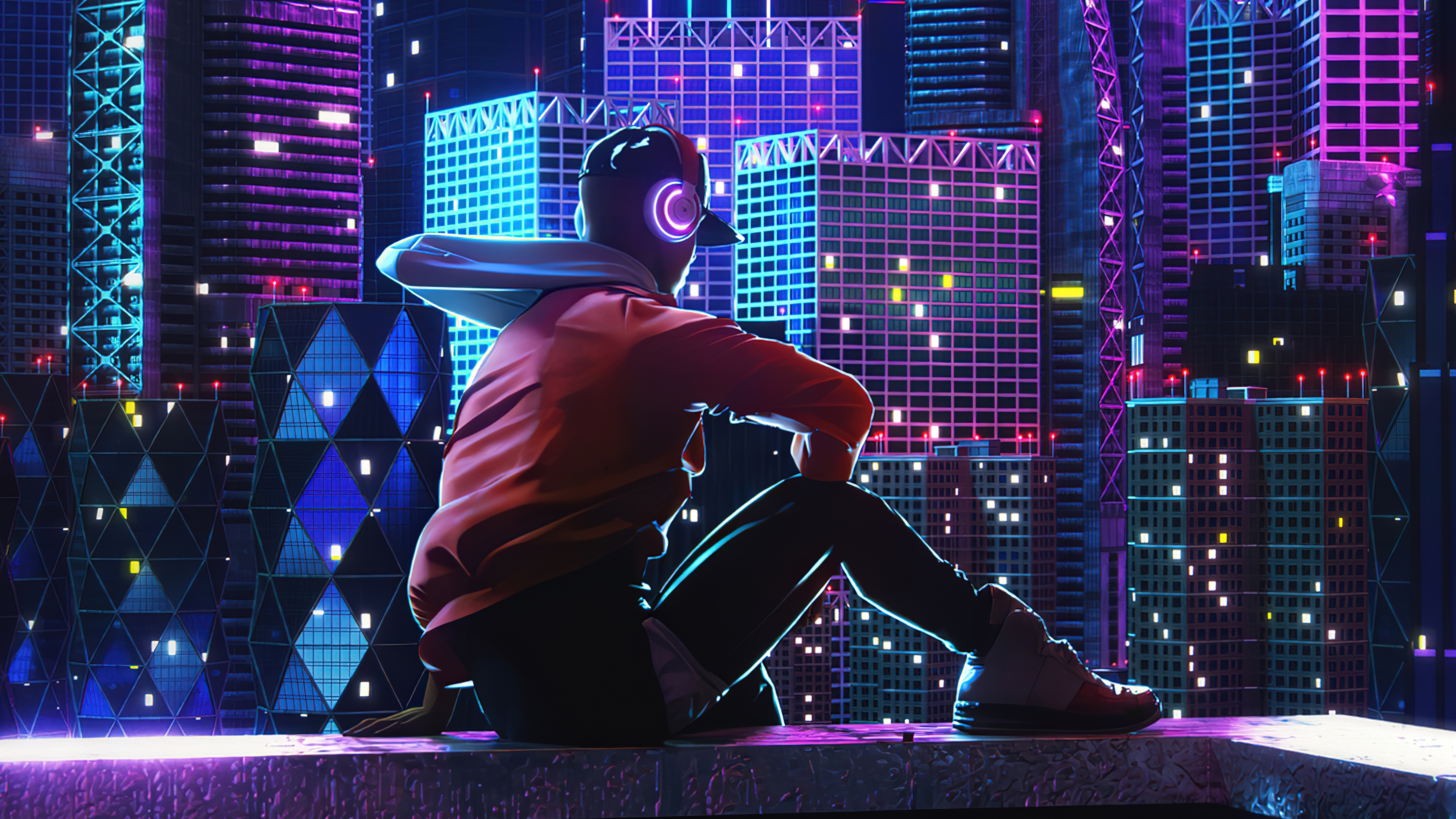 Person with headphones overlooking neon city at night 4K HD Wallpaper