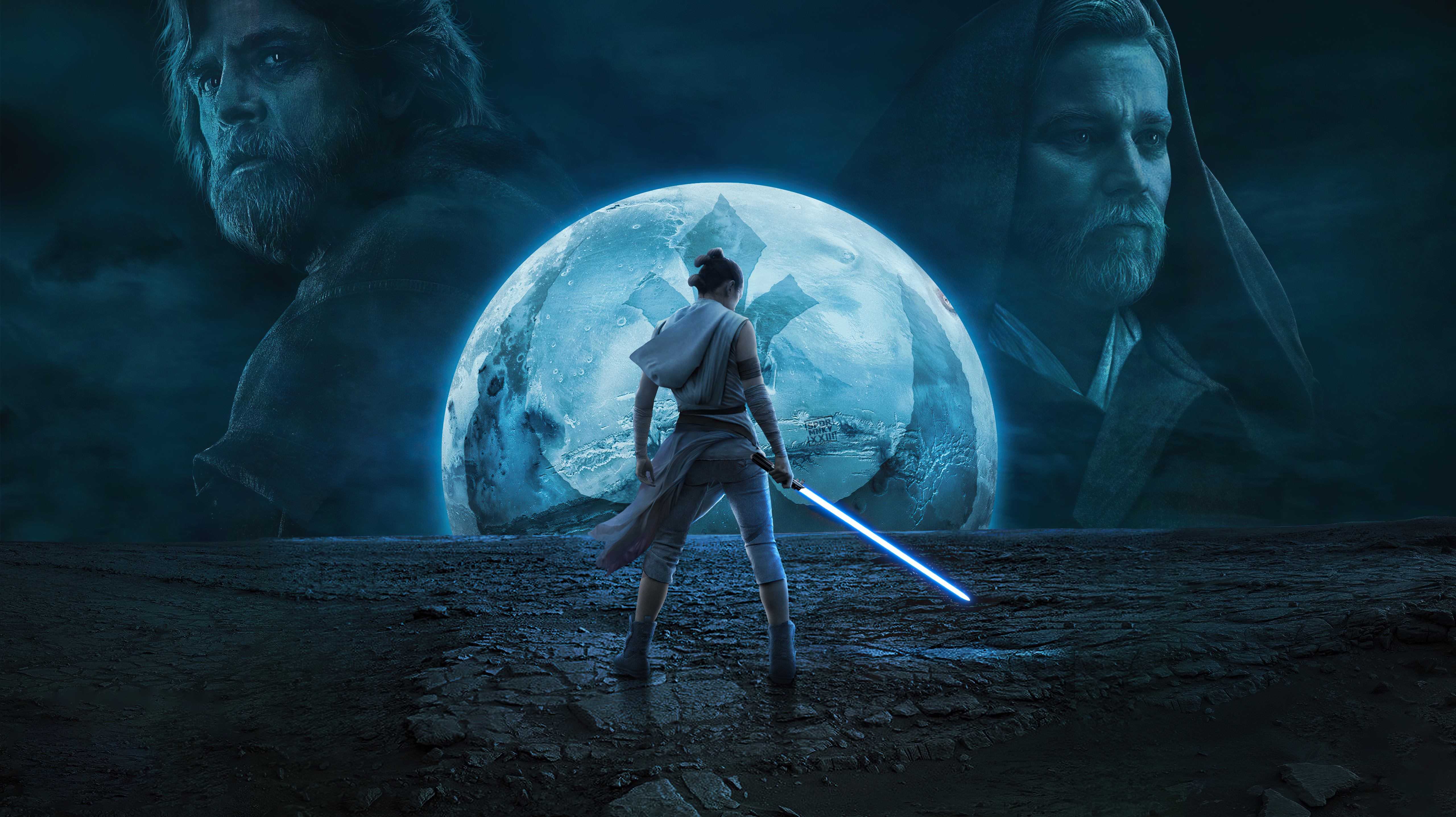 Rey from Star Wars with Luke Skywalker and Obi-Wan Kenobi HD Wallpaper