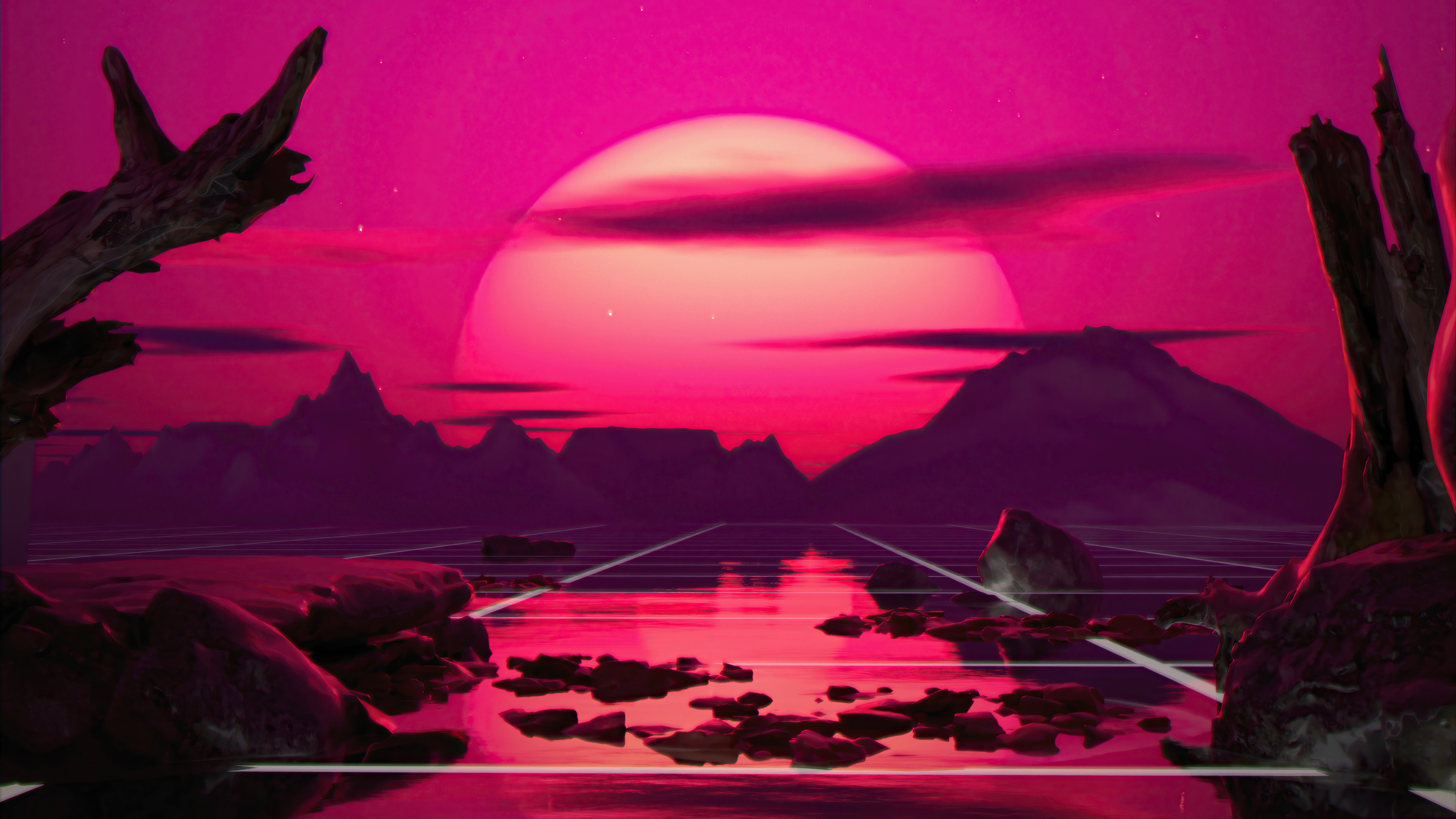 Retrowave landscape with a large sun and mountains HD Wallpaper