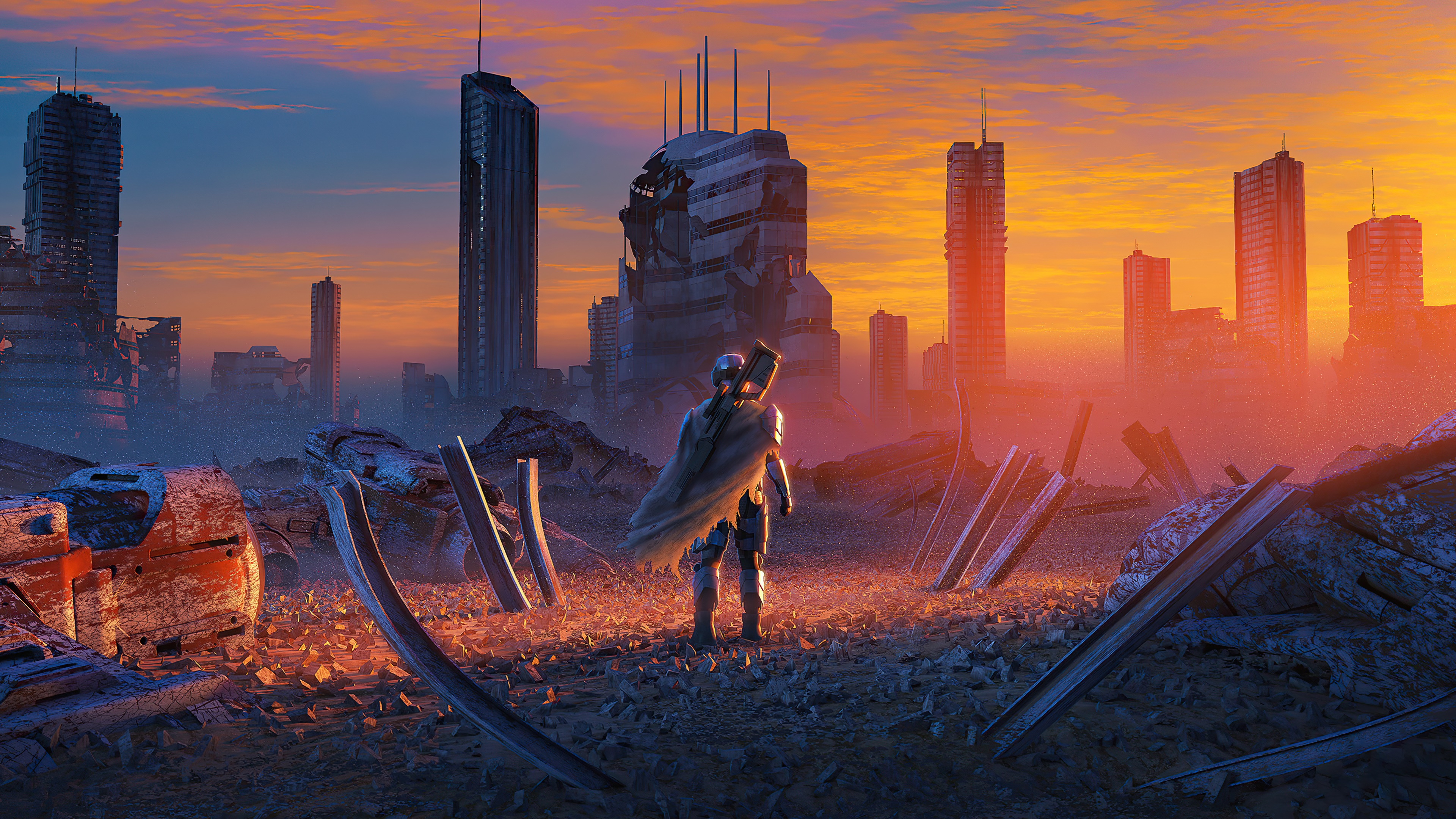 Figure in a destroyed city at sunset HD Wallpaper