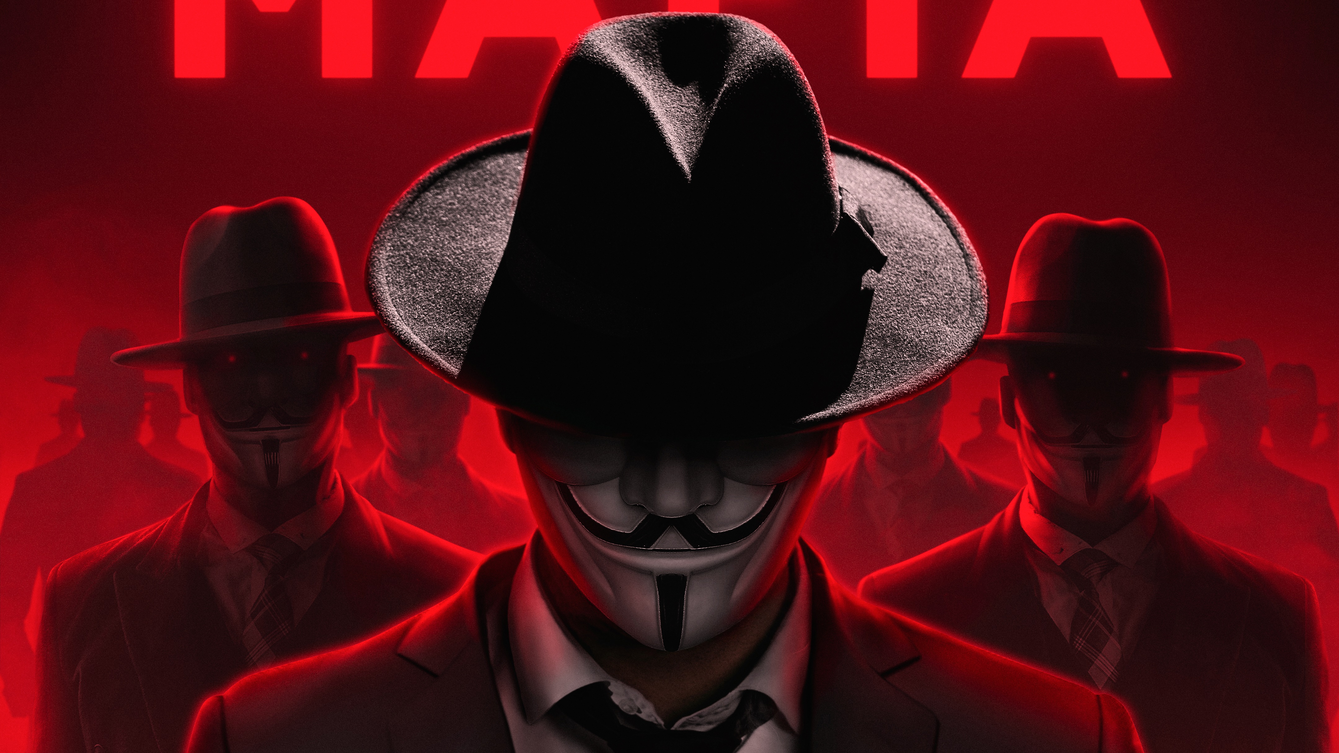 Anonymous figures in fedoras and masks HD Wallpaper