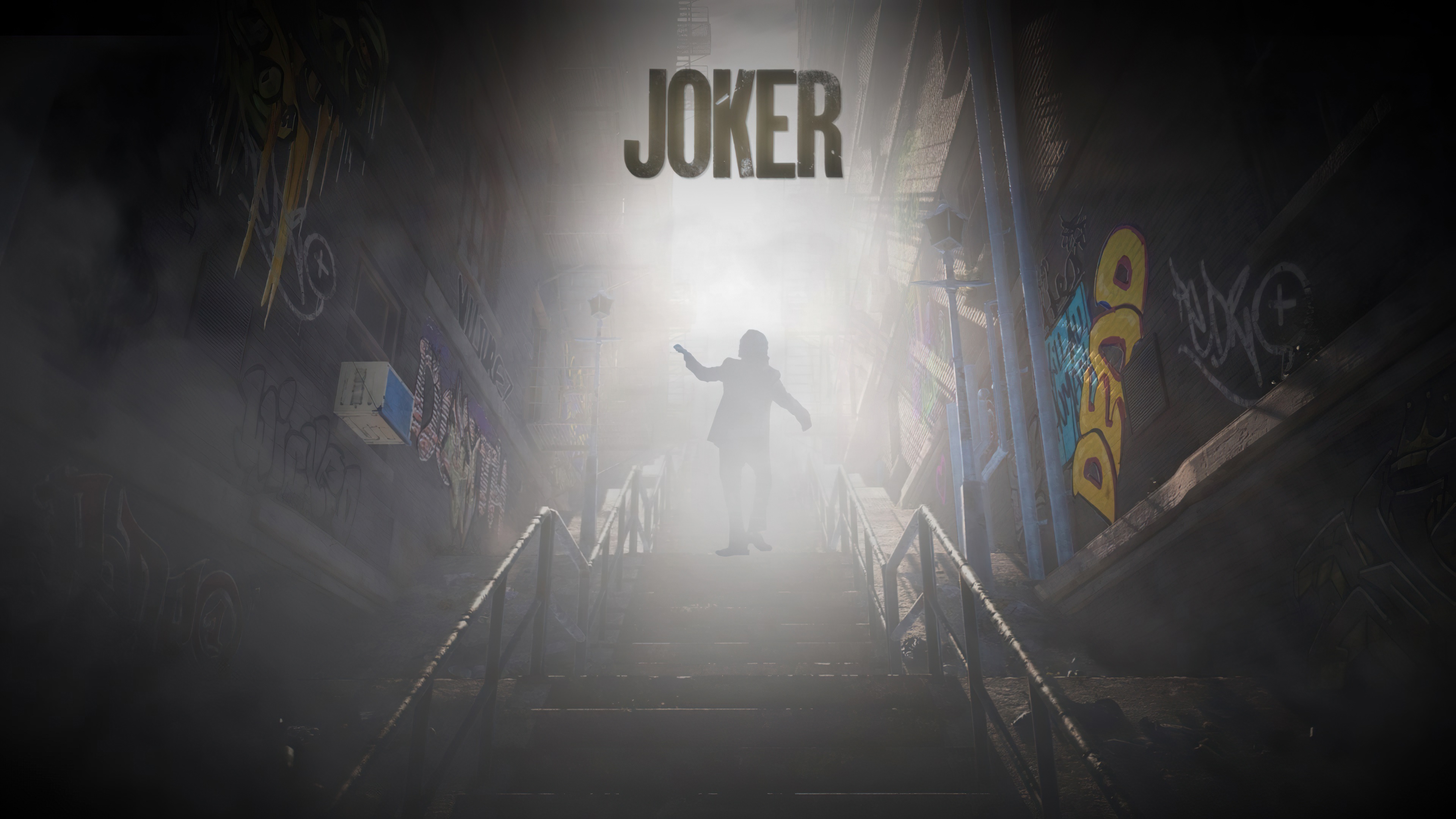 Joker in a foggy alleyway HD Wallpaper