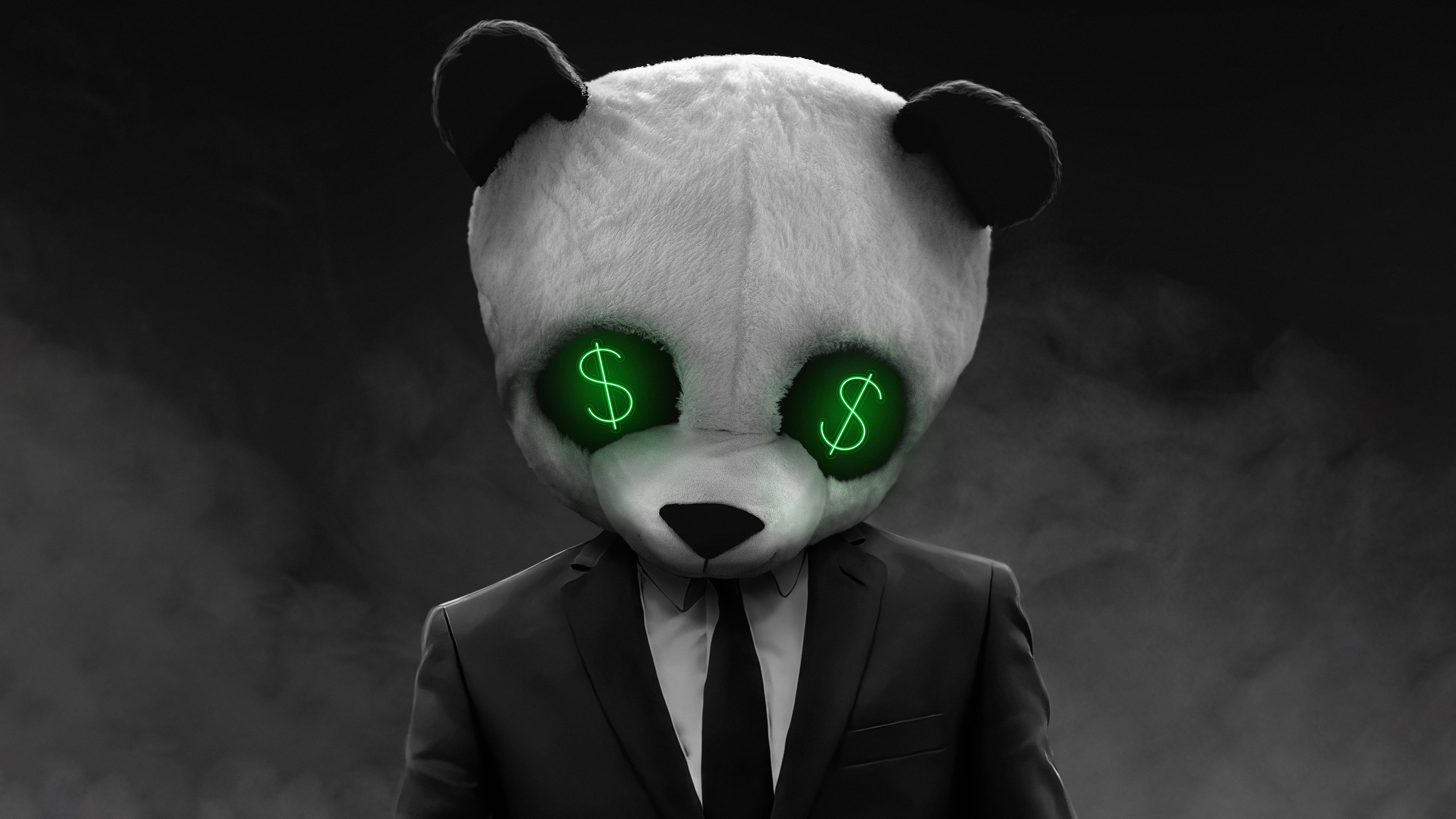 Panda in a suit with dollar sign eyes HD Wallpaper