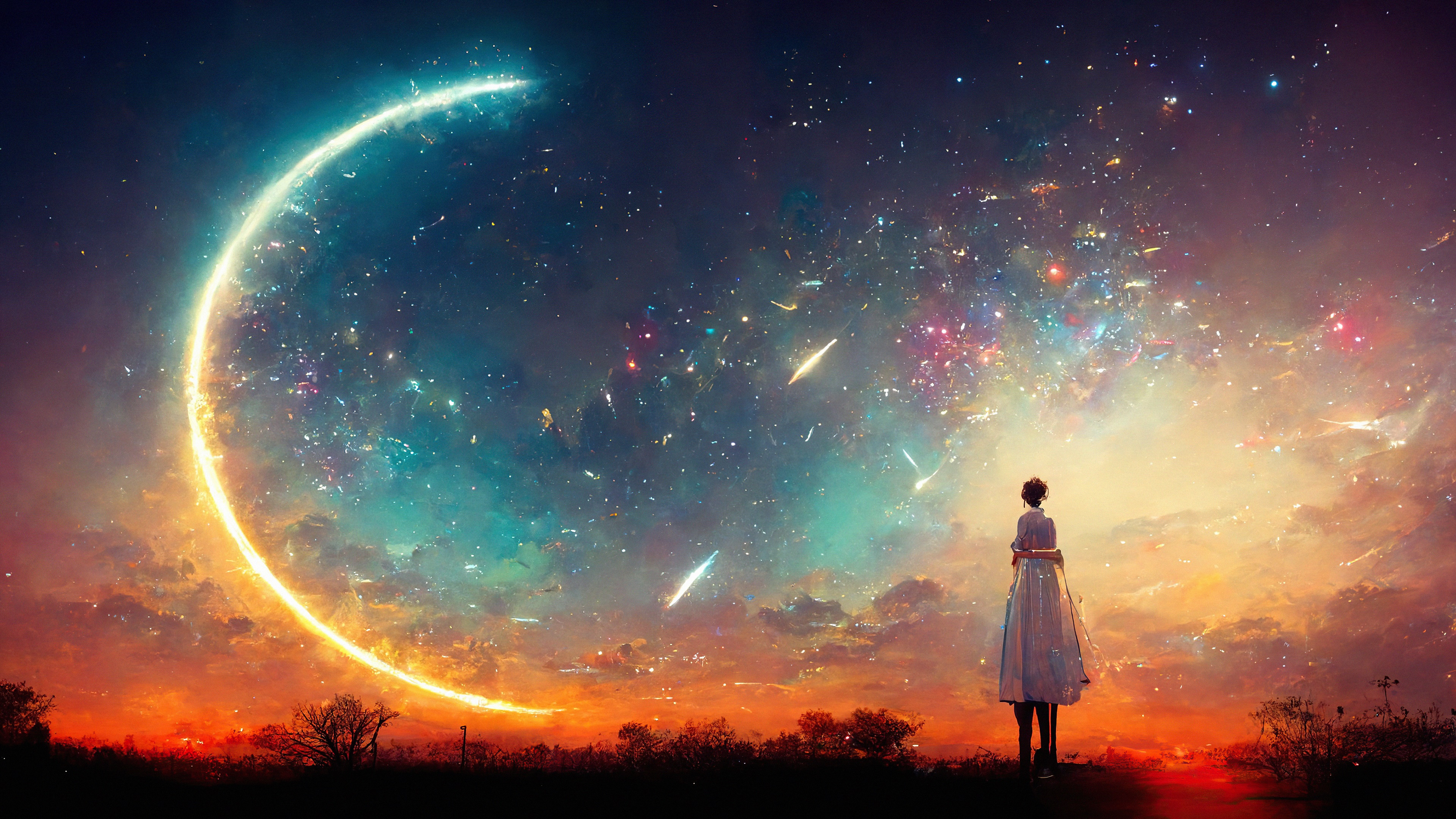 A person gazes at a celestial crescent moon and starry sky HD Wallpaper