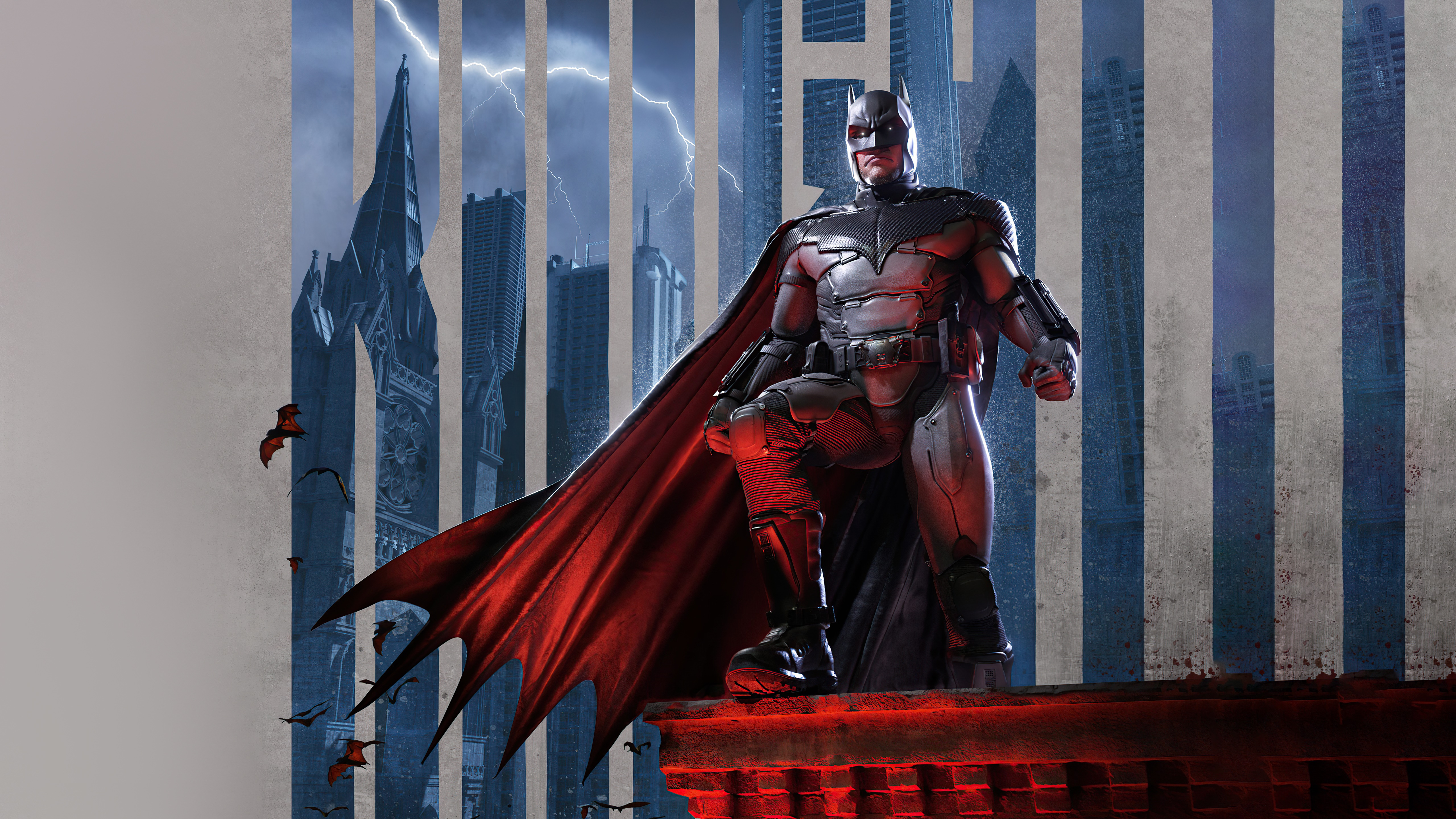 Batman standing on a rooftop with bats flying HD Wallpaper