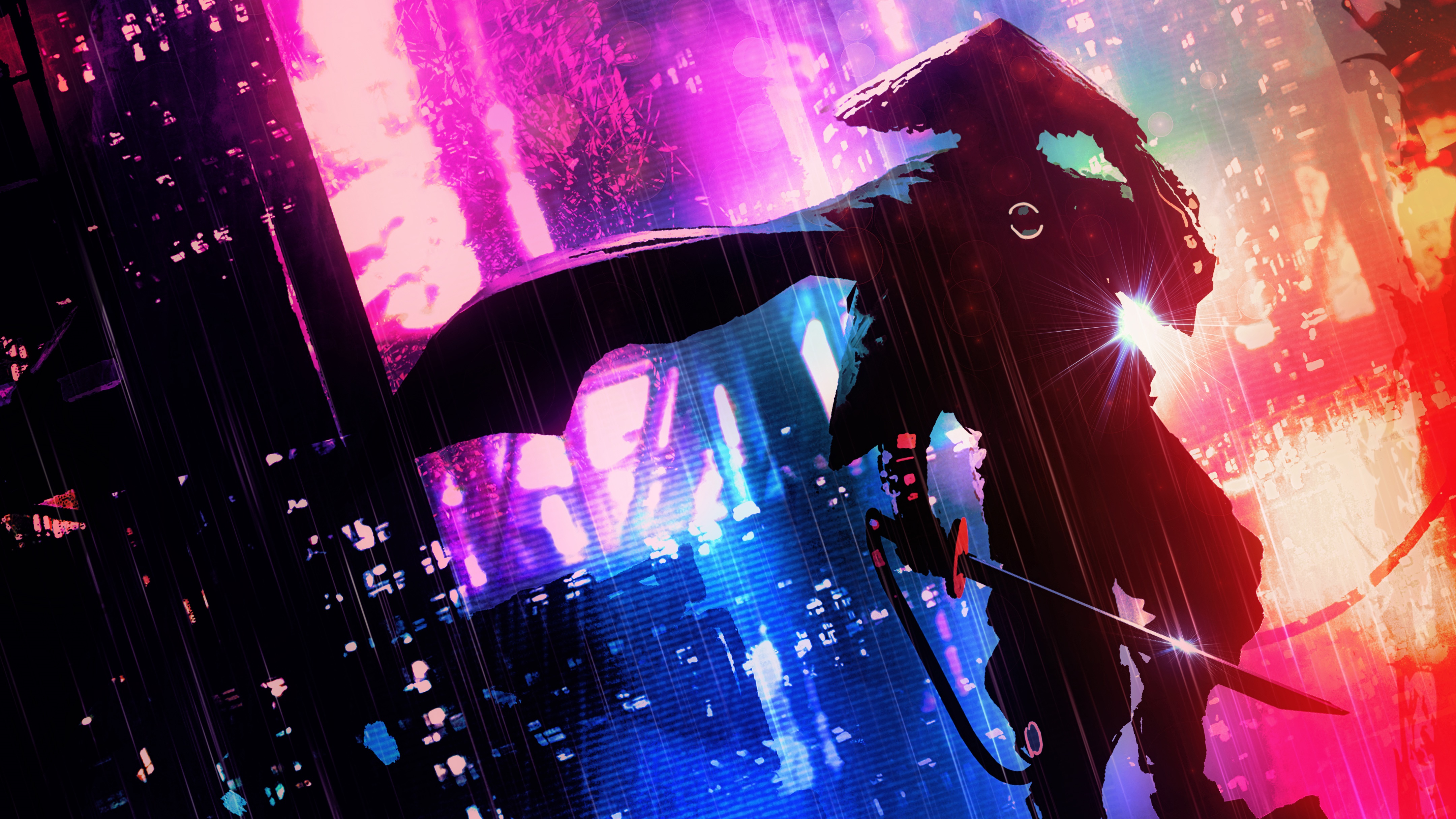 Samurai in a neon city HD Wallpaper