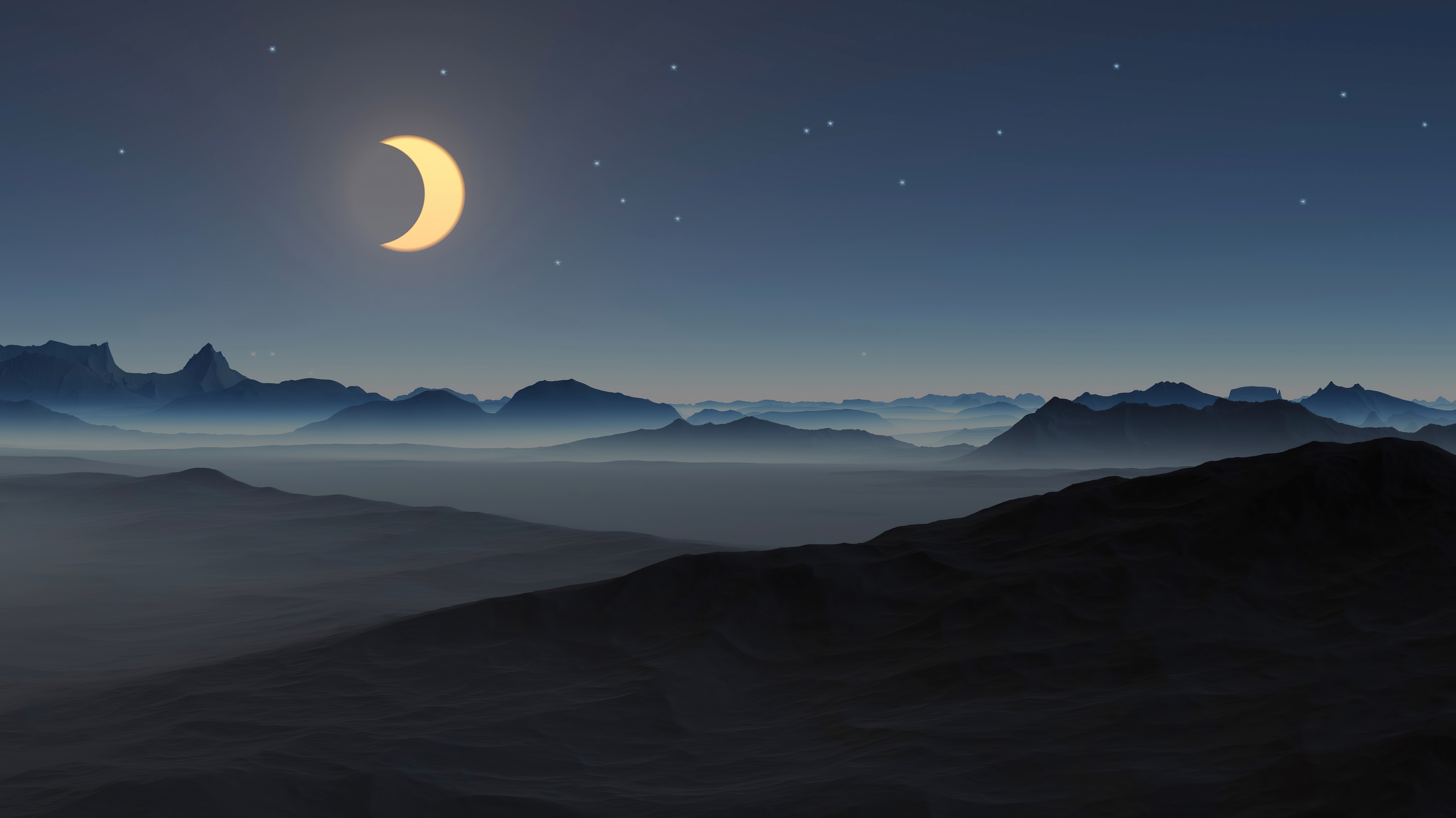 Crescent moon over misty mountains at night HD Wallpaper