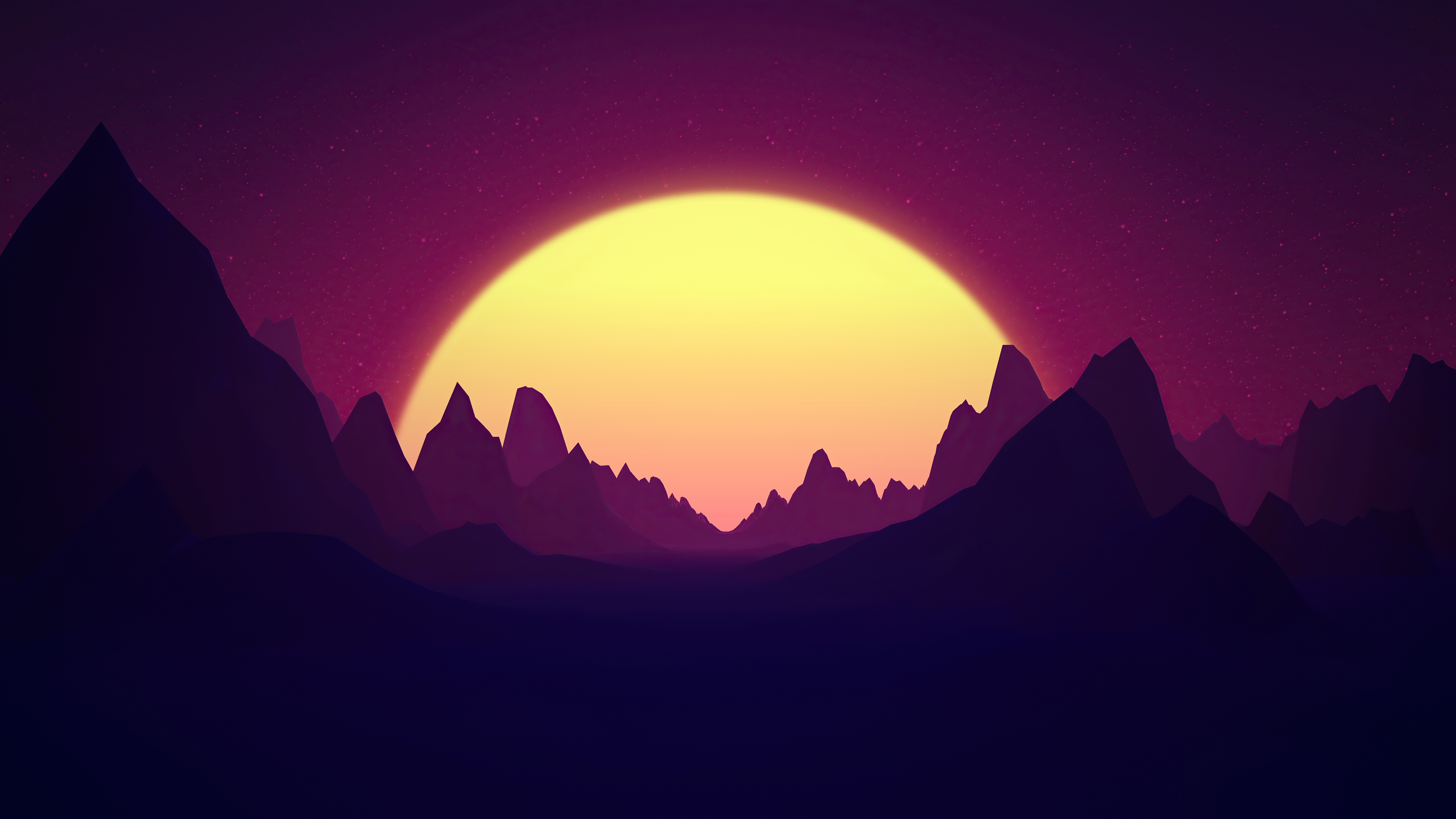 Retrowave mountains with a large sun HD Wallpaper