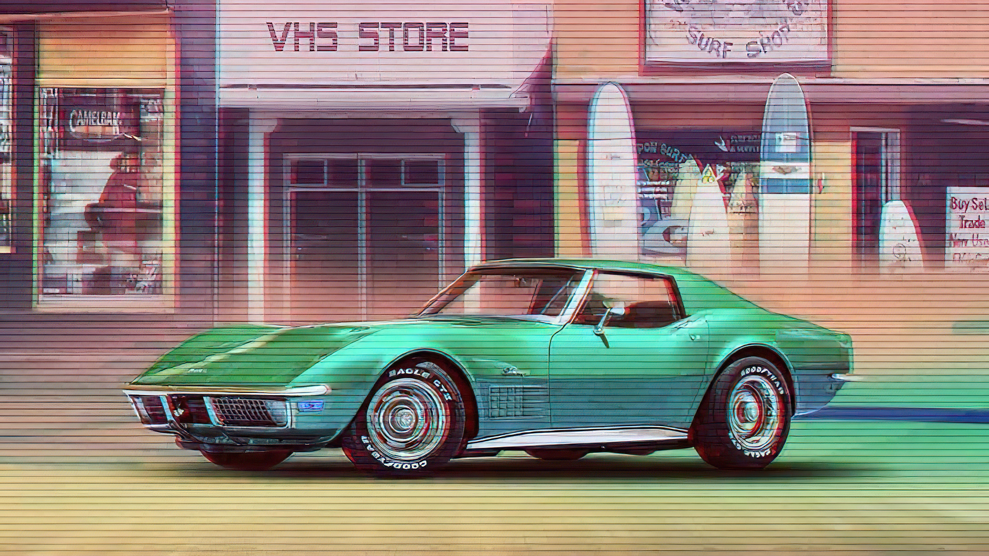 Green 1969 Chevrolet Corvette Stingray in front of VHS and Surf Shops HD Wallpaper
