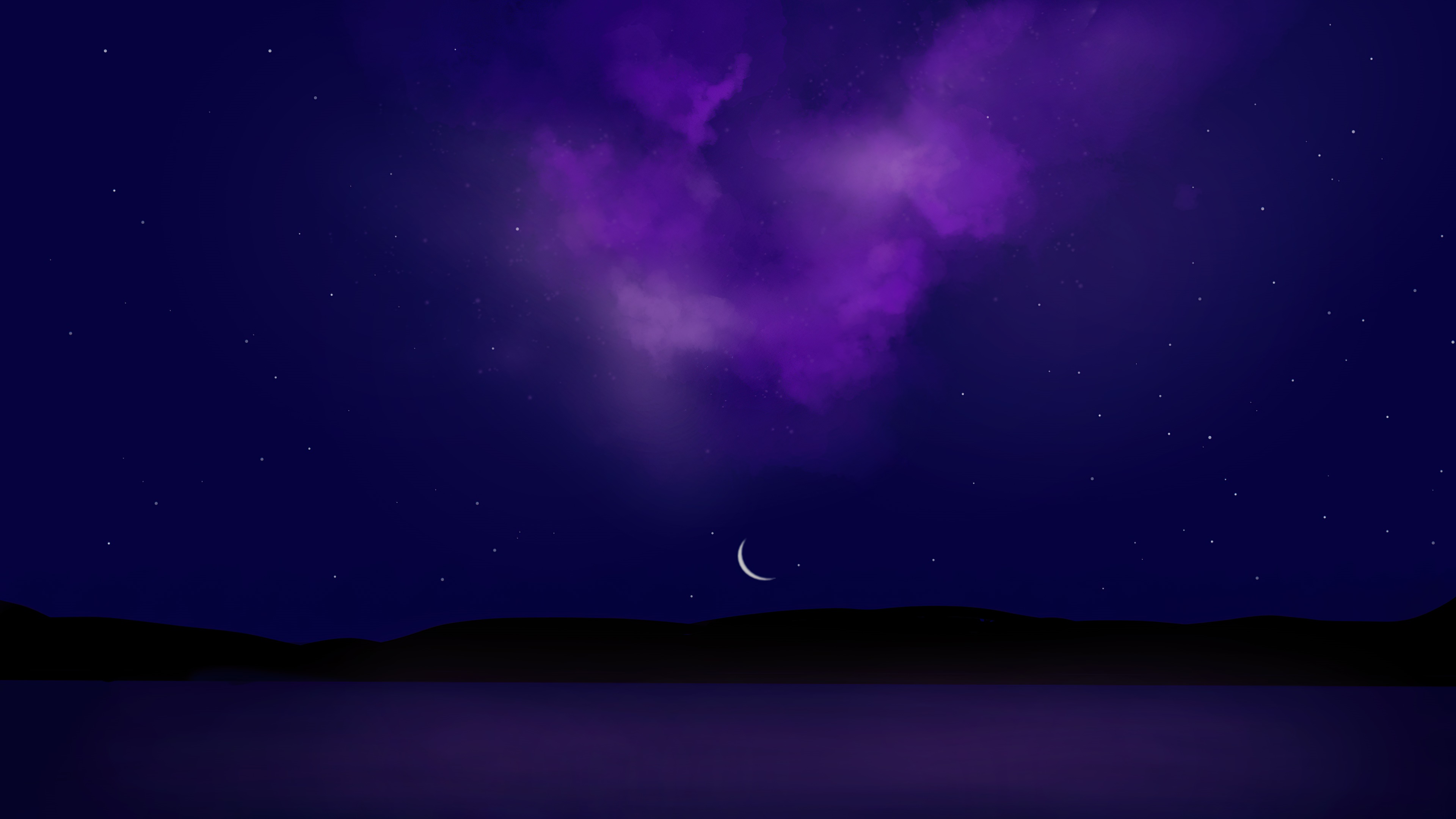 Purple nebula over a dark landscape and water HD Wallpaper