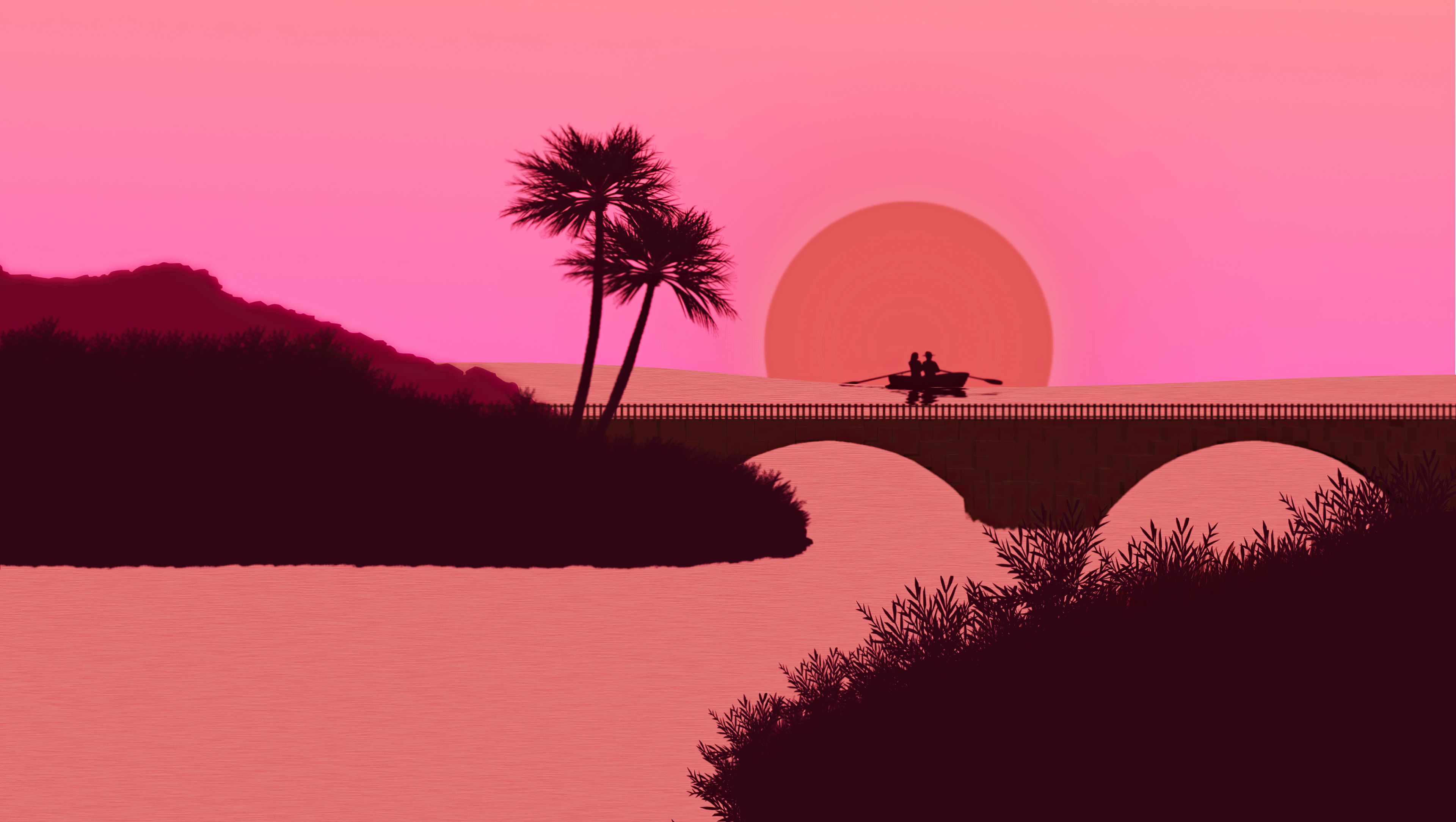 Couple in a boat on a bridge at sunset HD Wallpaper