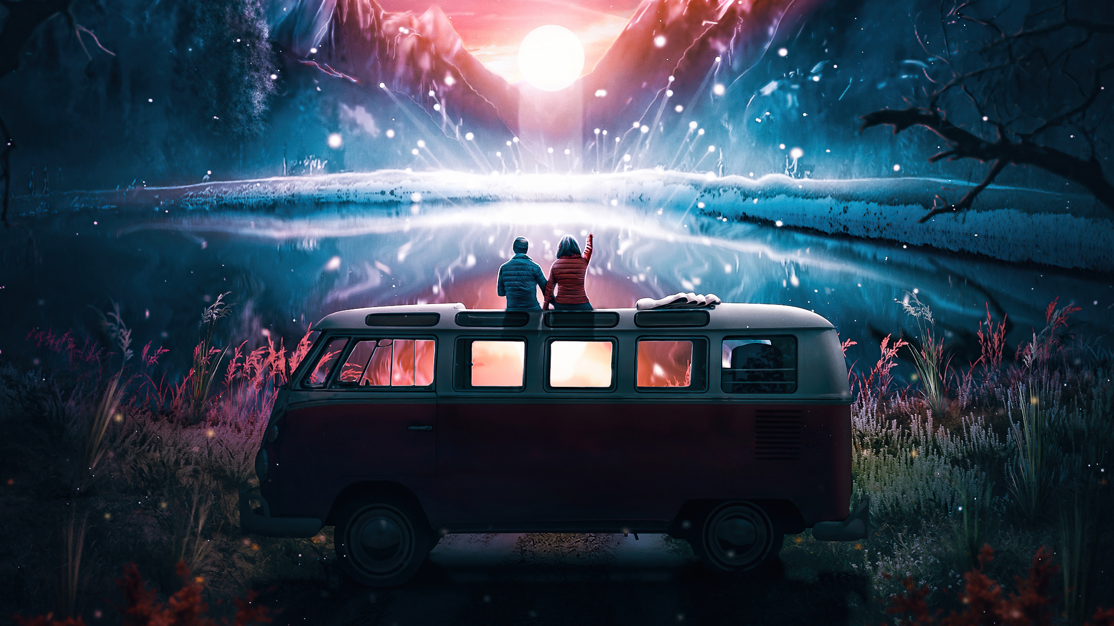 Couple on Van Watching Cosmic Event HD Wallpaper