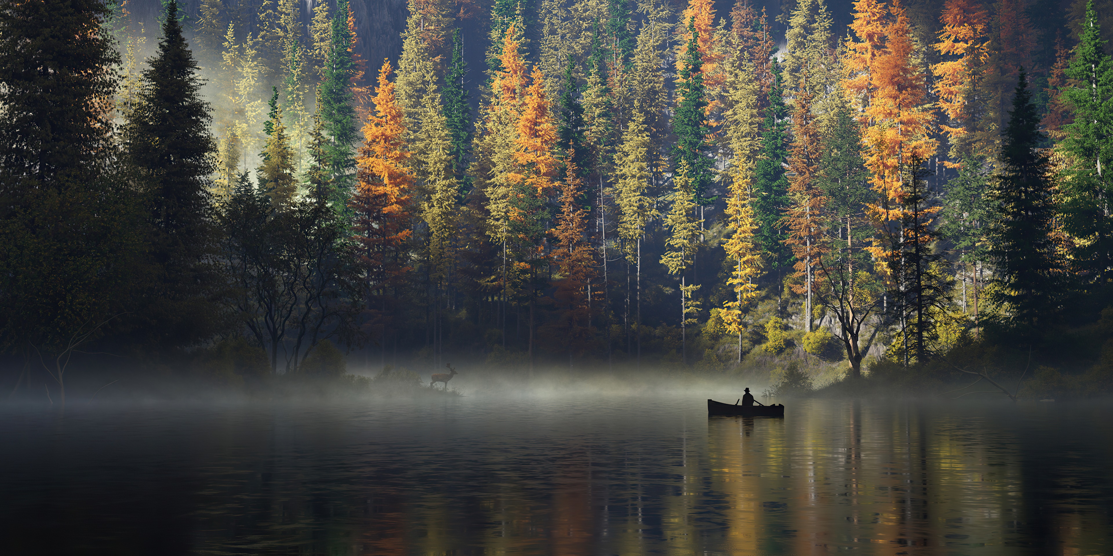 Man in canoe on misty lake with deer and autumn forest HD Wallpaper