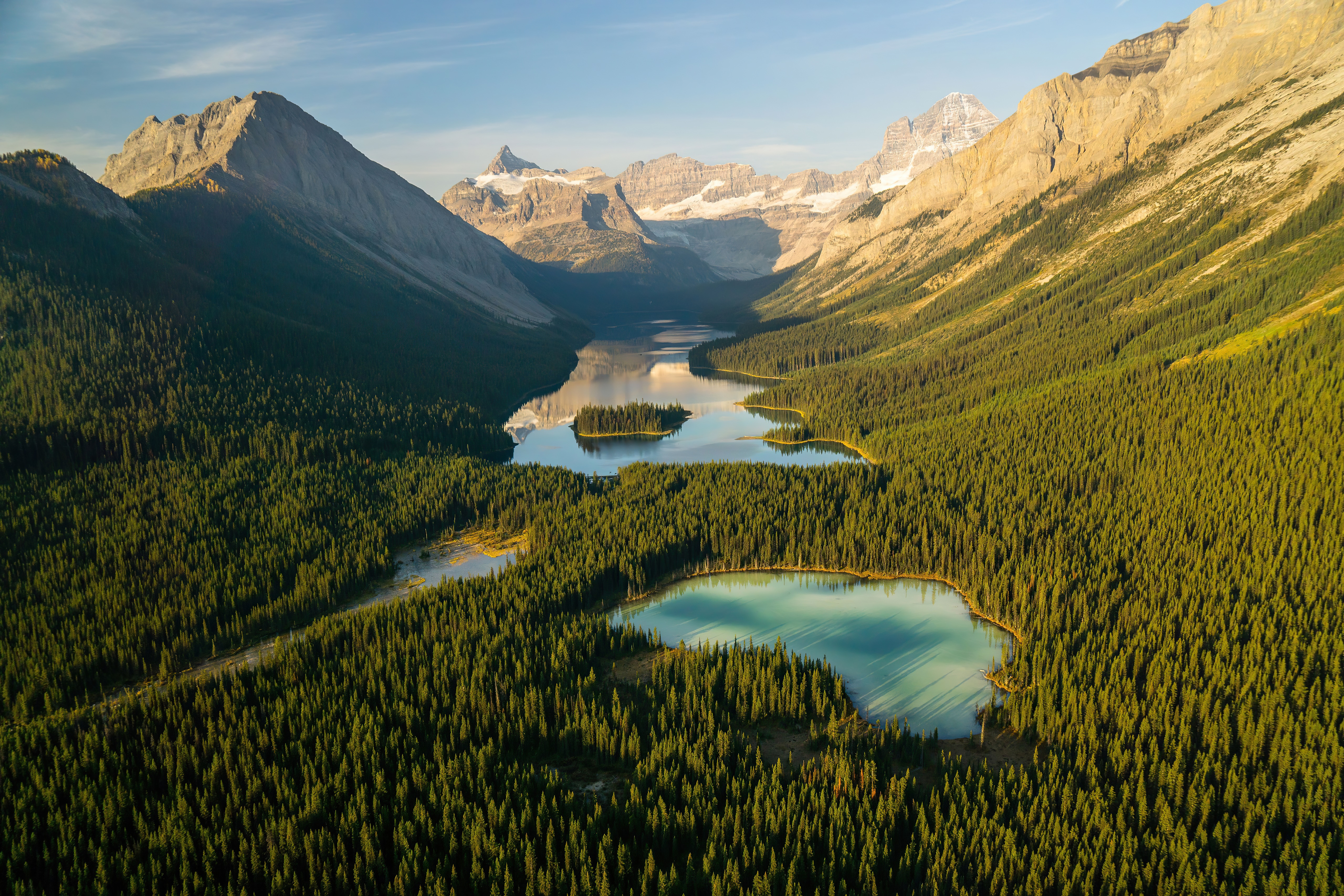 Aerial view of lakes and mountains in Alberta, Canada HD Wallpaper