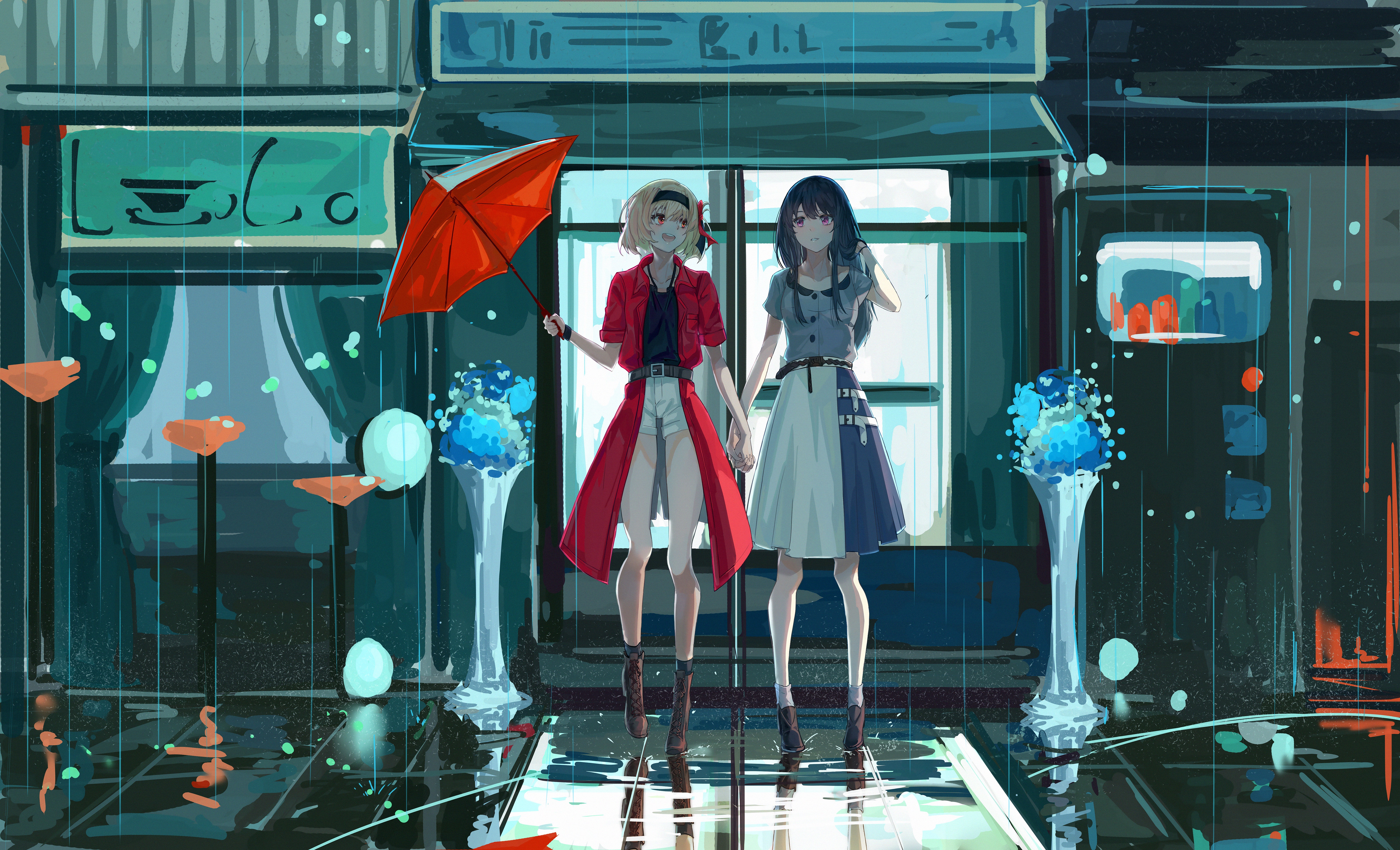 Two girls from Lycoris Recoil in the rain HD Wallpaper