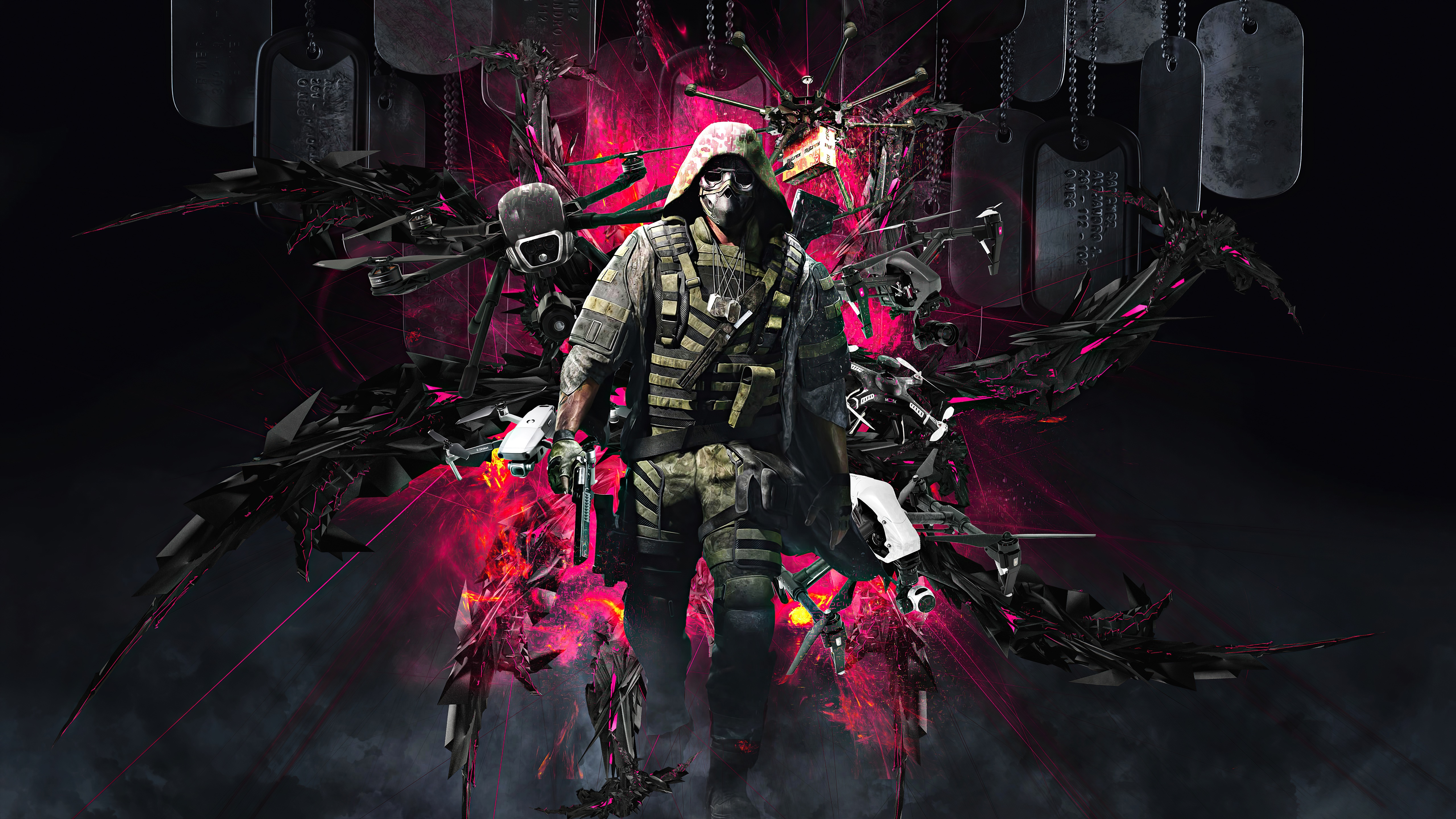Soldier with drones and dog tags HD Wallpaper