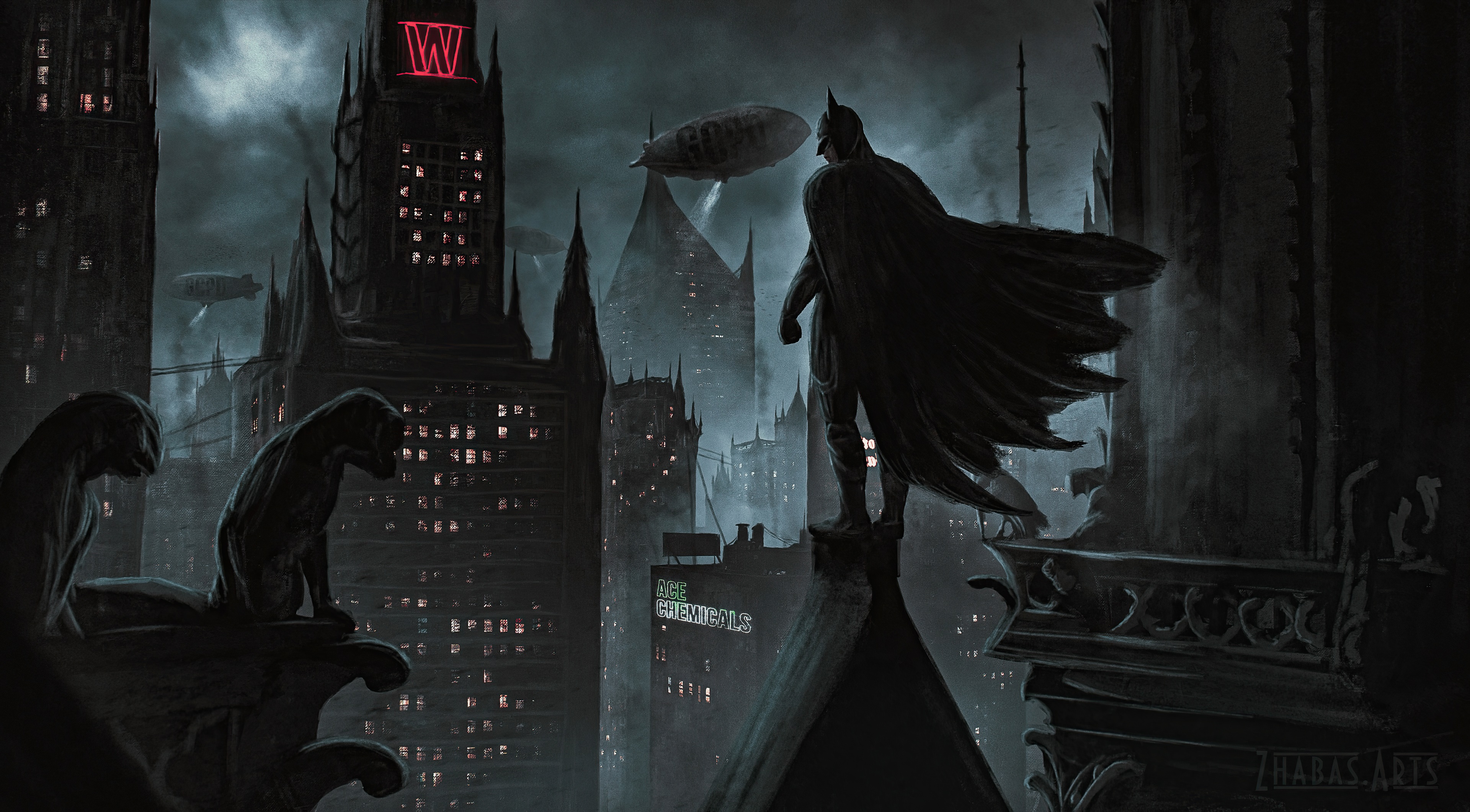 Batman overlooking Gotham City with blimps HD Wallpaper