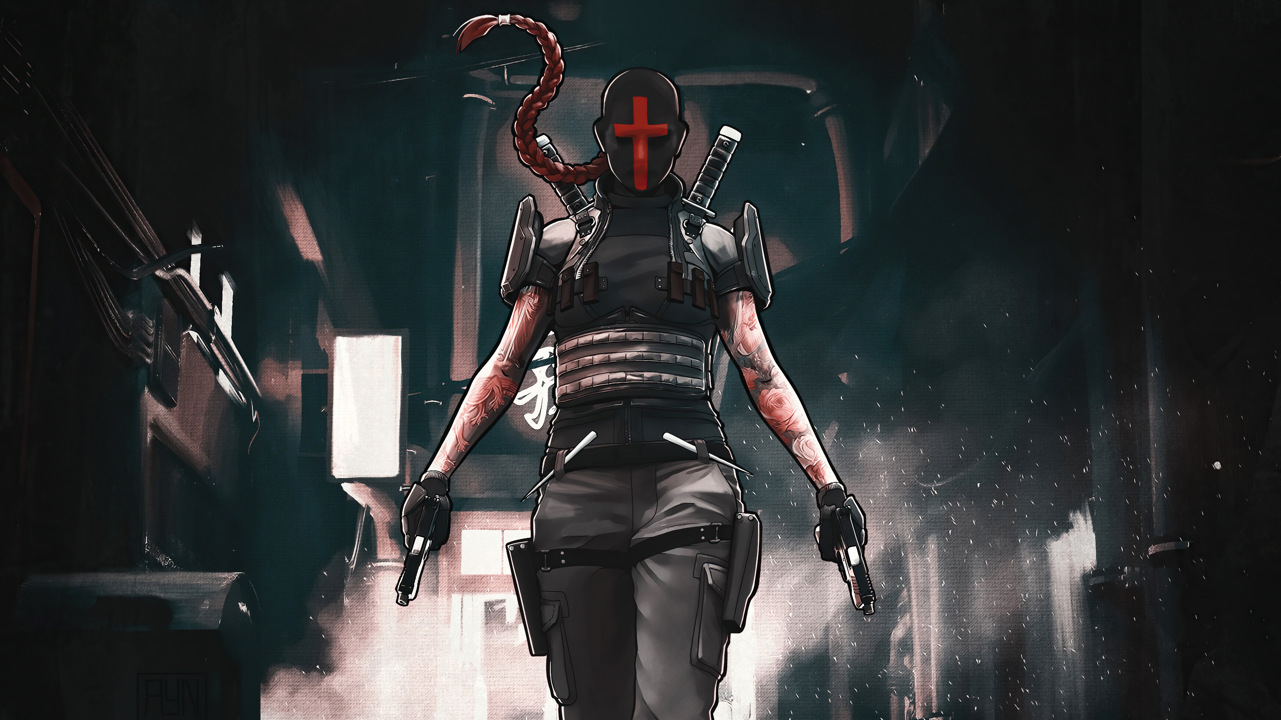 Woman with red cross mask and guns HD Wallpaper