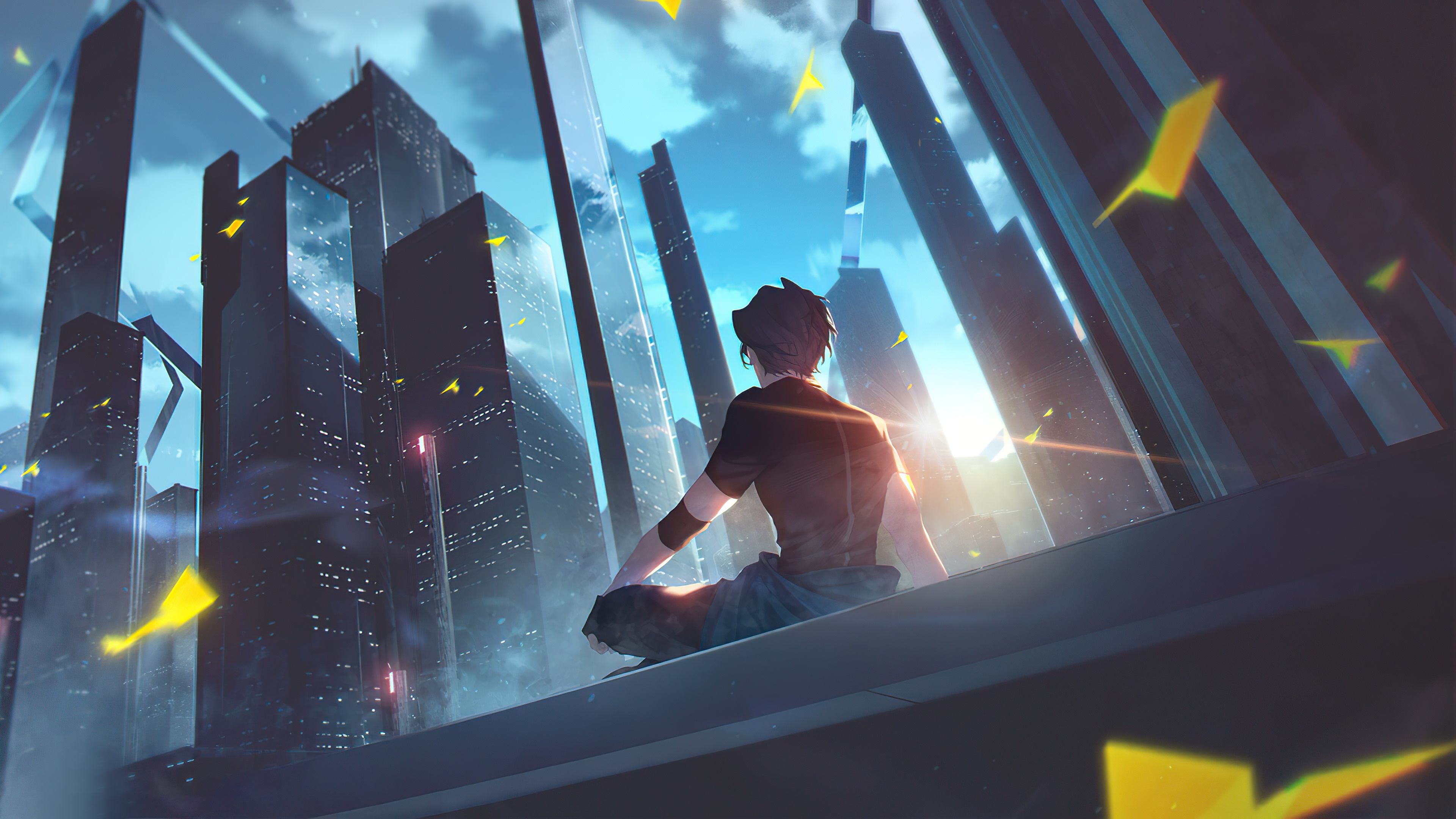 Anime character sitting on a ledge overlooking a futuristic city HD Wallpaper