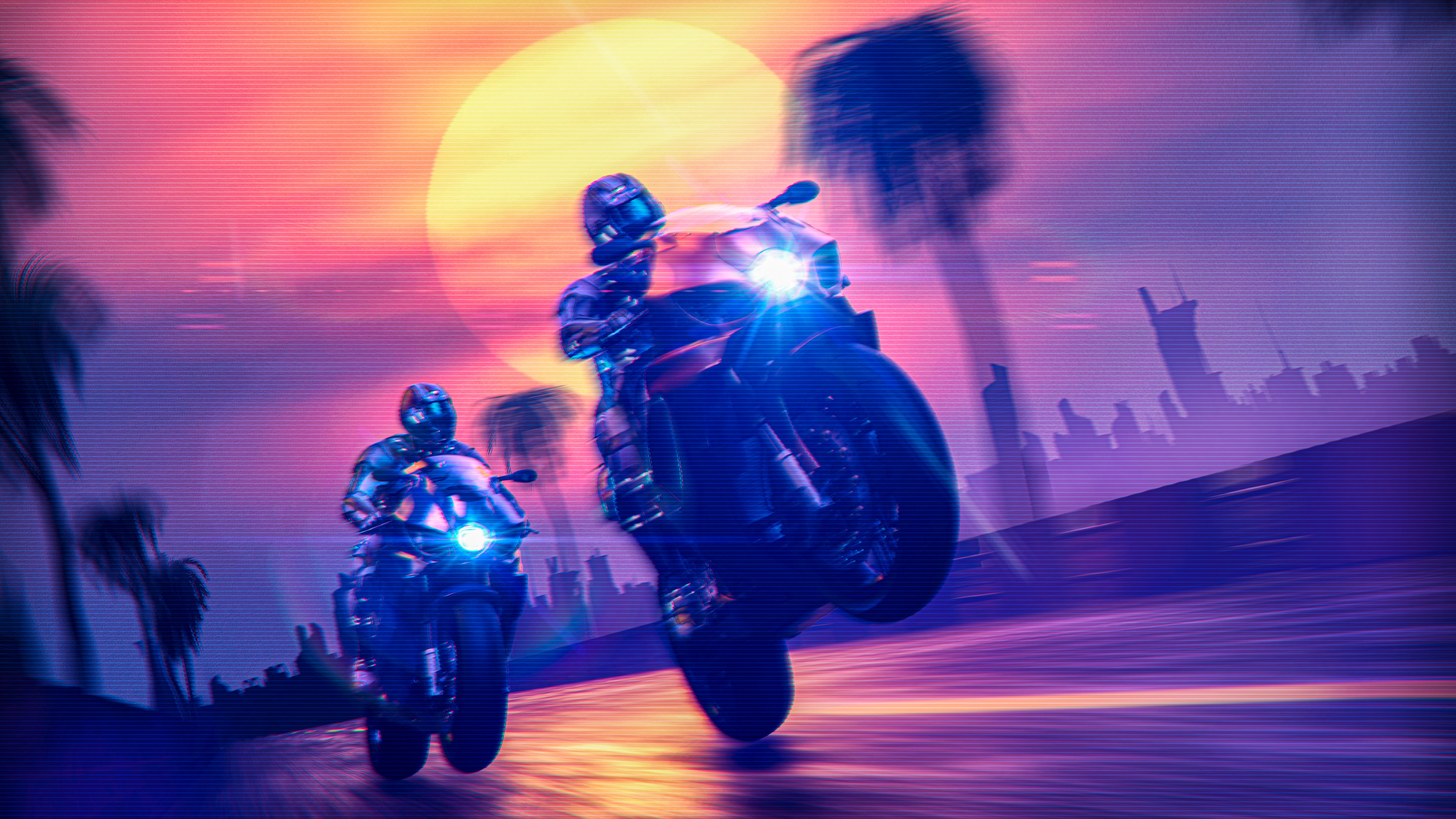 Two bikers racing at sunset with city skyline HD Wallpaper