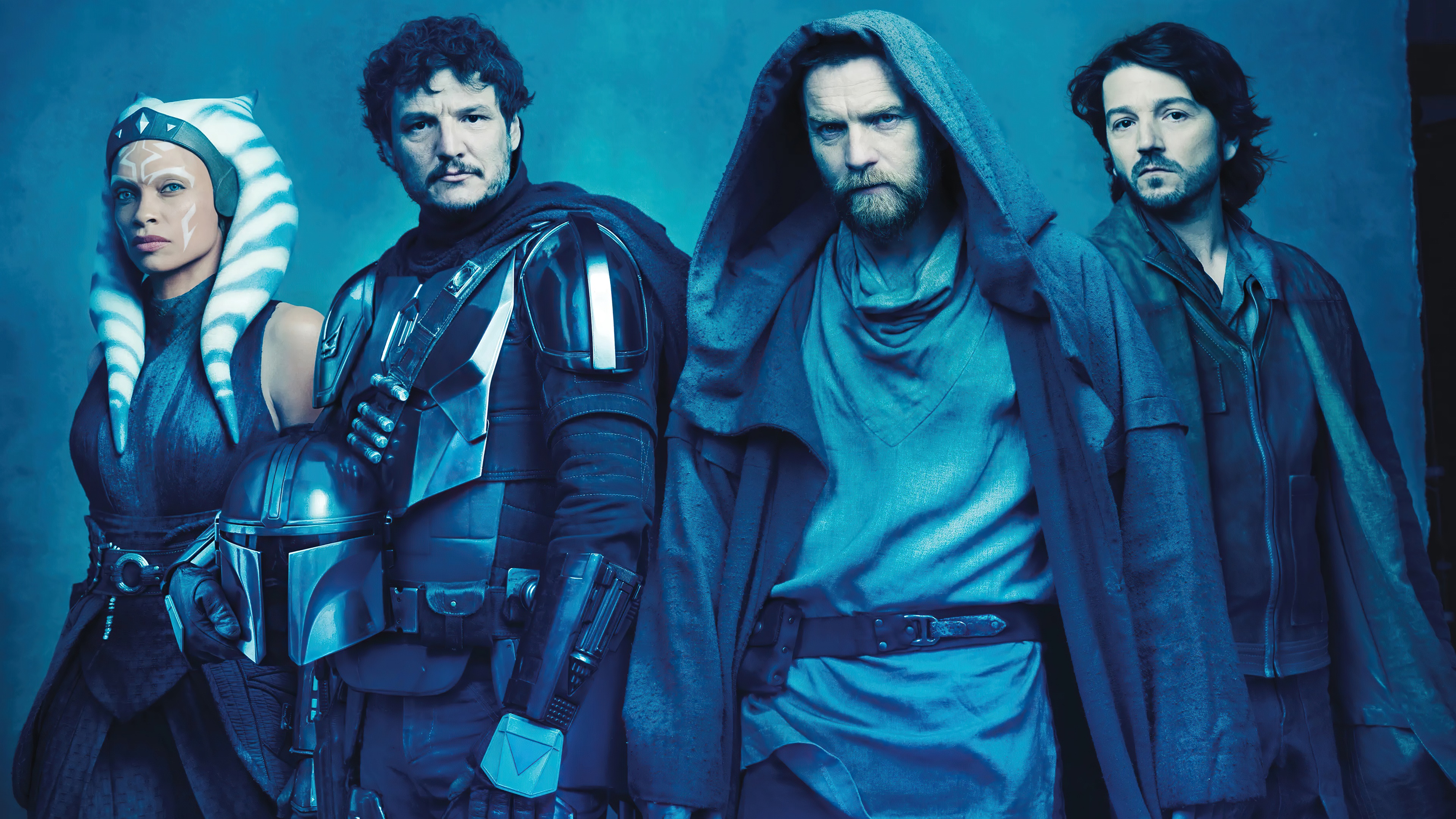 Star Wars characters: Ahsoka, The Mandalorian, Obi-Wan Kenobi, and Cassian Andor HD Wallpaper