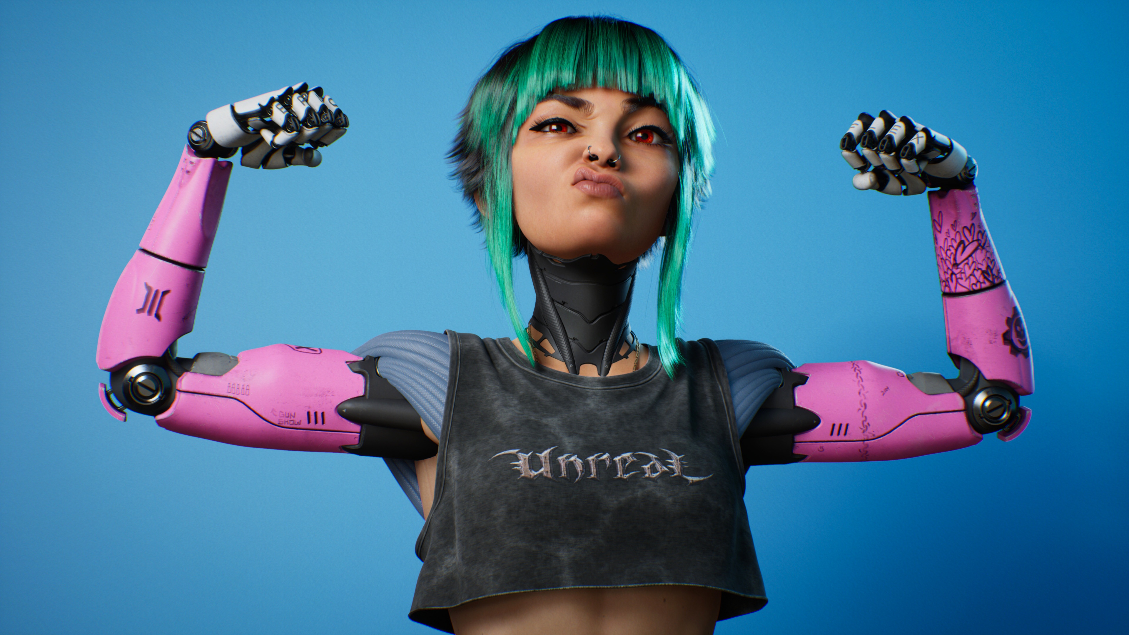 Unreal Engine Cyborg Girl Flexing Pink Arms HD Wallpaper