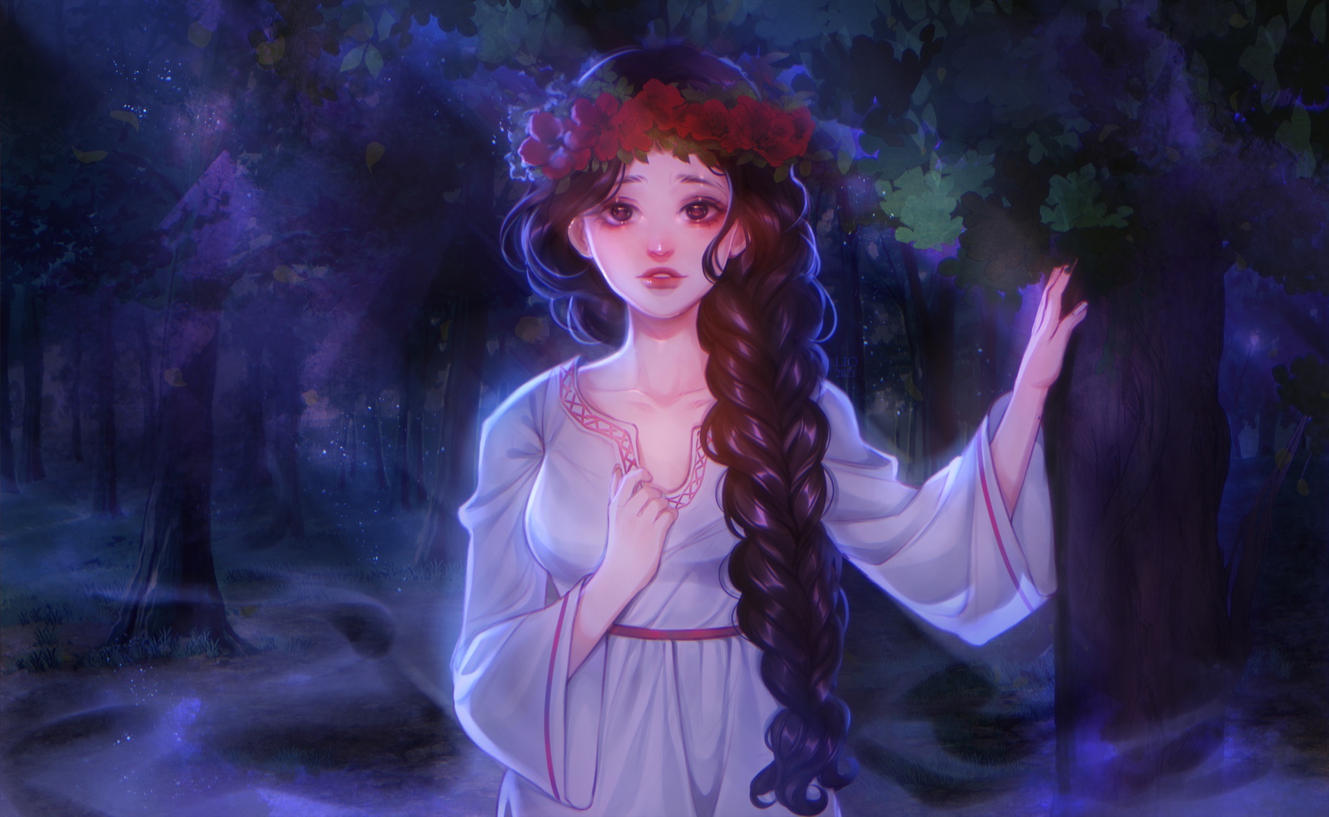 Fantasy Woman with Red Wreath and Long Braid in Forest HD Wallpaper