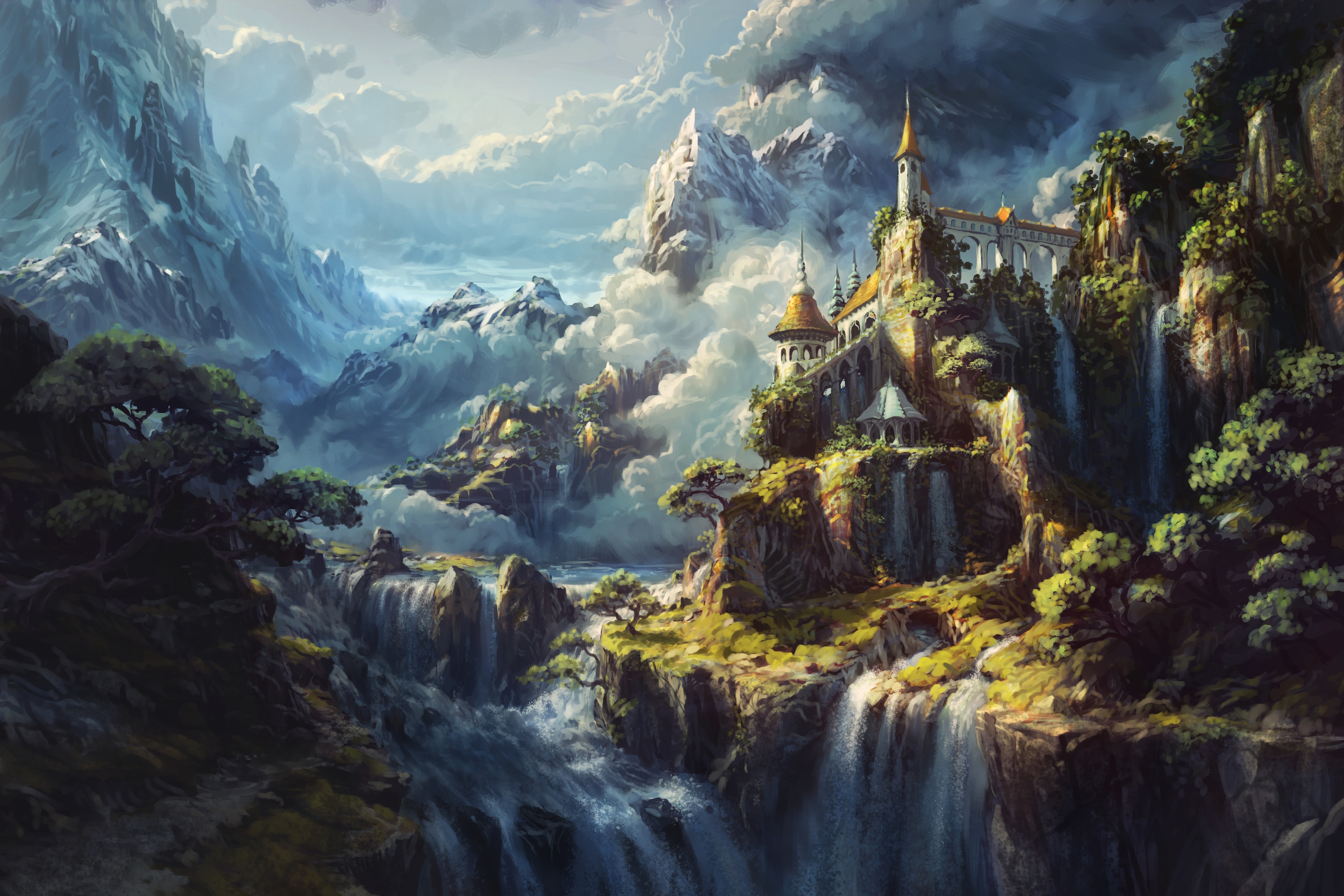 Fantasy Castle Amidst Mountains and Waterfalls HD Wallpaper