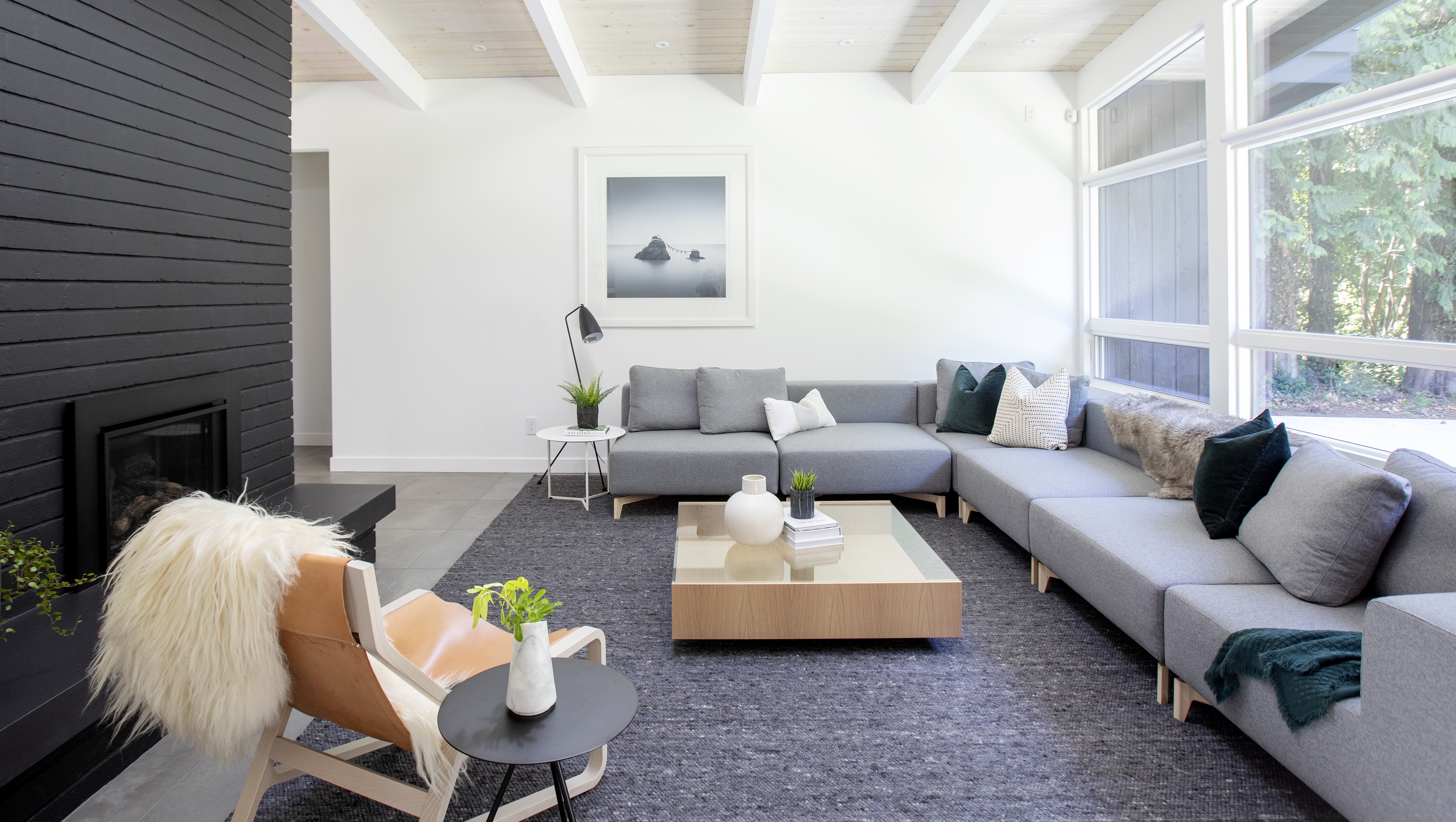 Modern Living Room with Grey Sectional Sofa 4K HD Wallpaper
