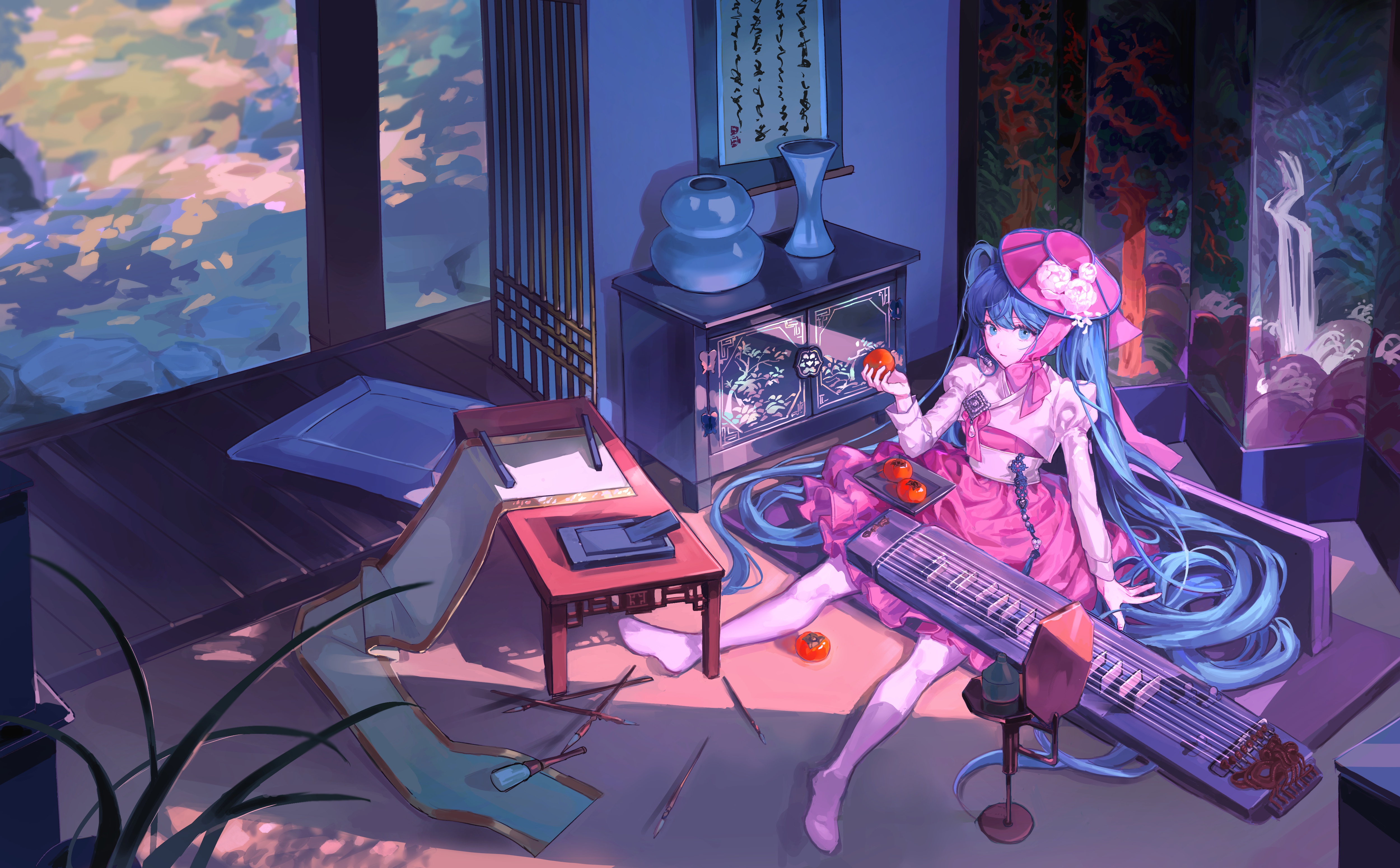 Hatsune Miku with zither in traditional room HD Wallpaper