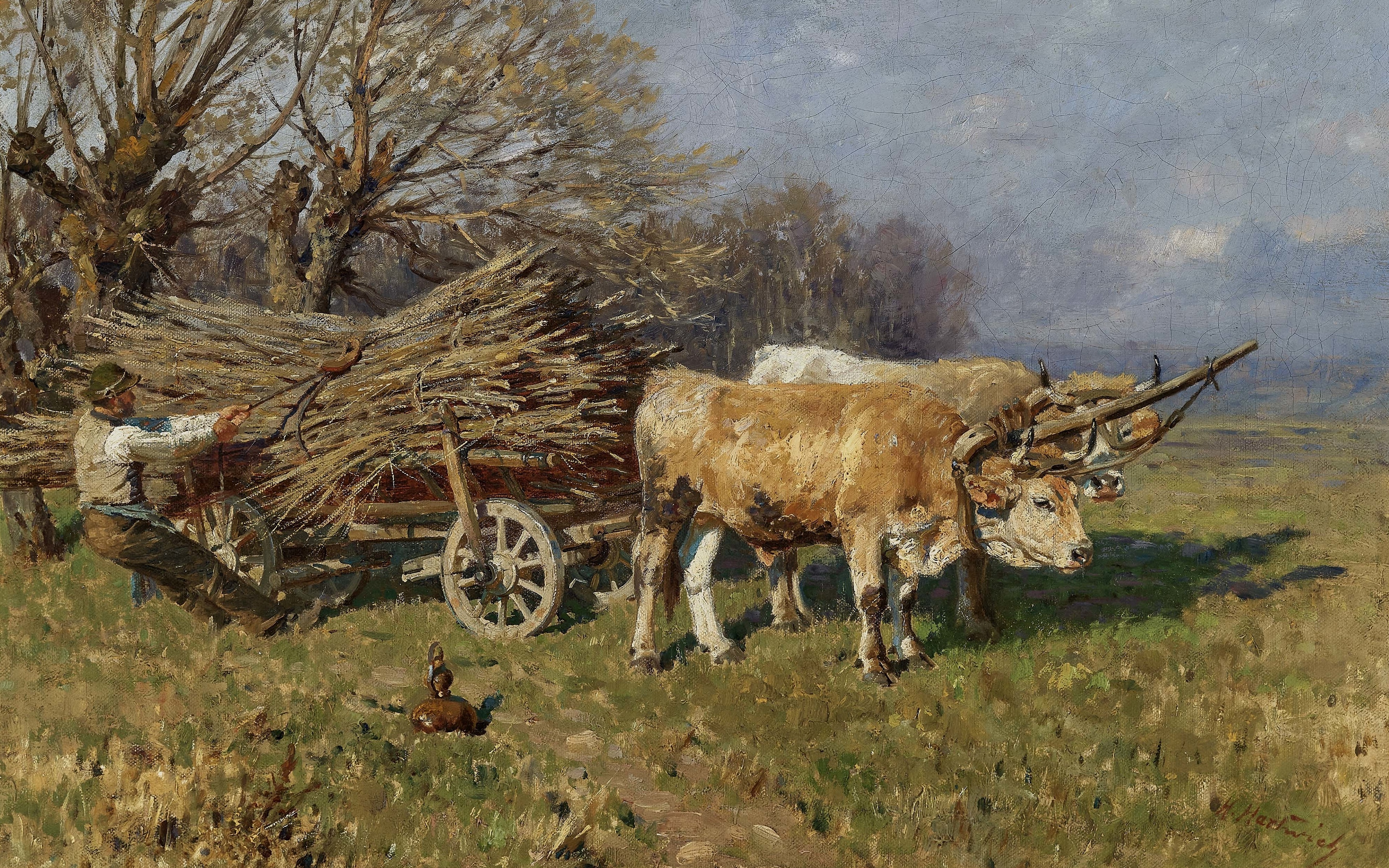 Oil Painting of Man and Oxen with Wood Cart HD Wallpaper
